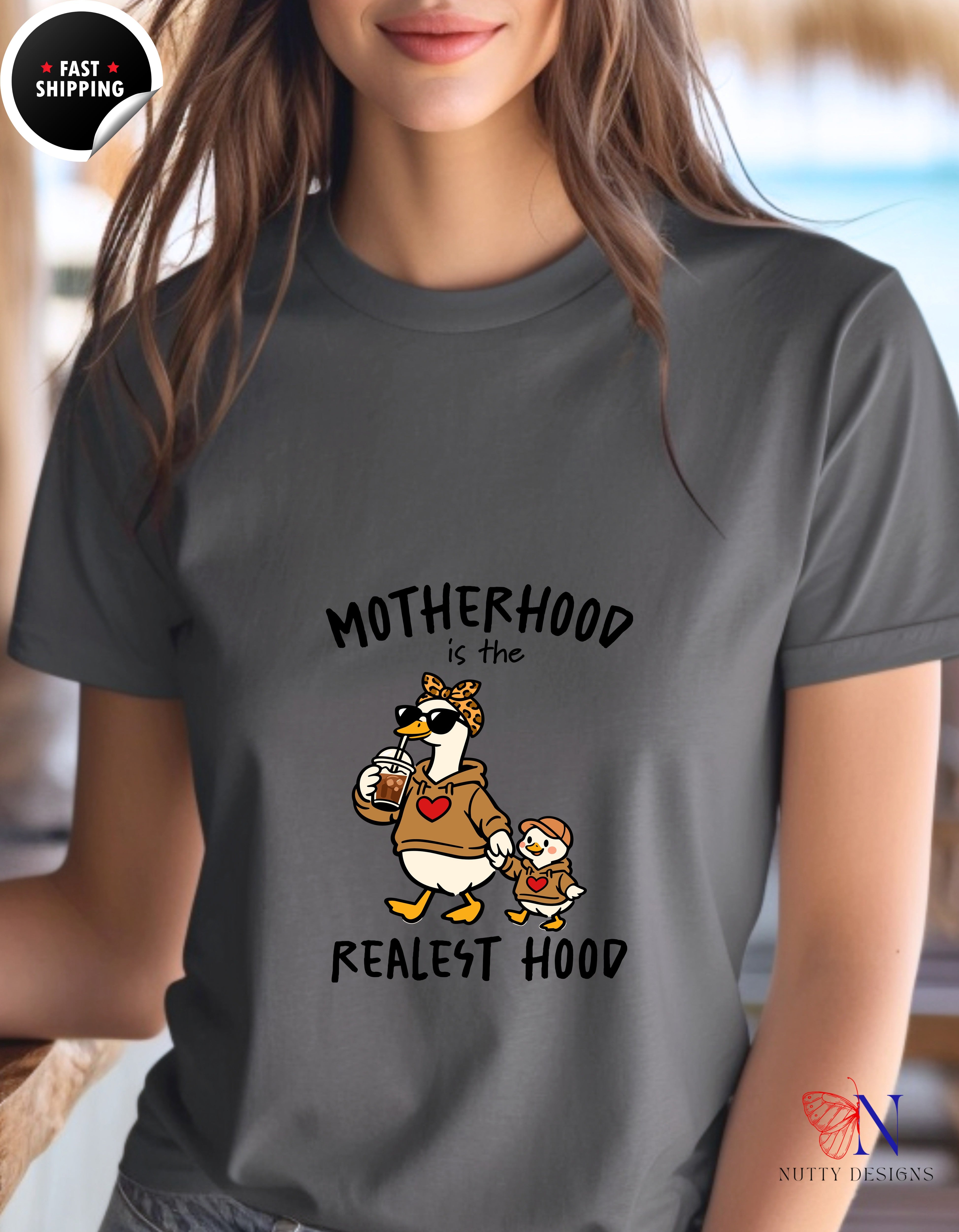 Motherhood Is The Realest Hood Mom Goose t-shirt lifestyle mockup - Mother's Day gift