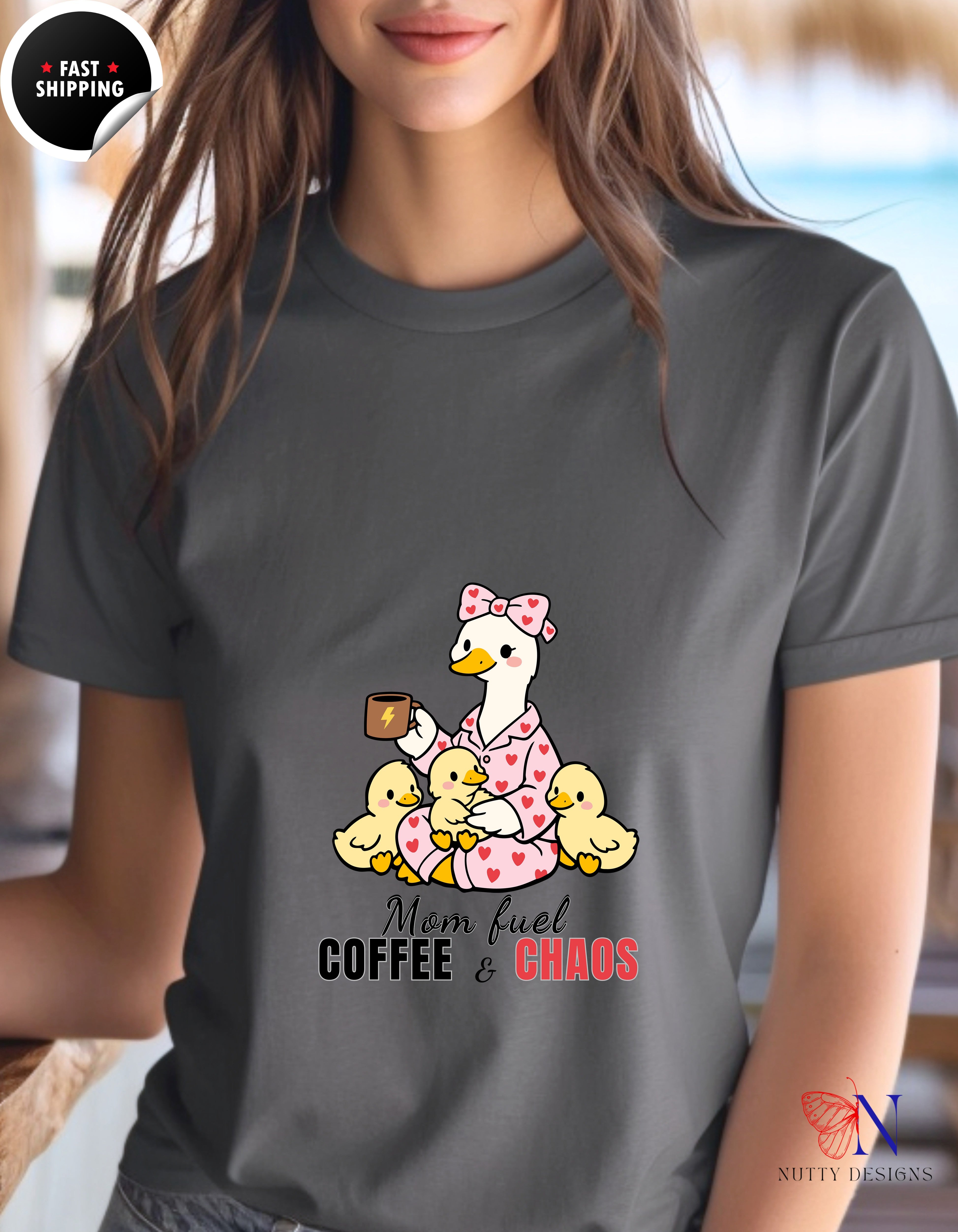 Mom Fuel Coffee And Chaos Mama Duck t-shirt lifestyle mockup - Mother's Day gift