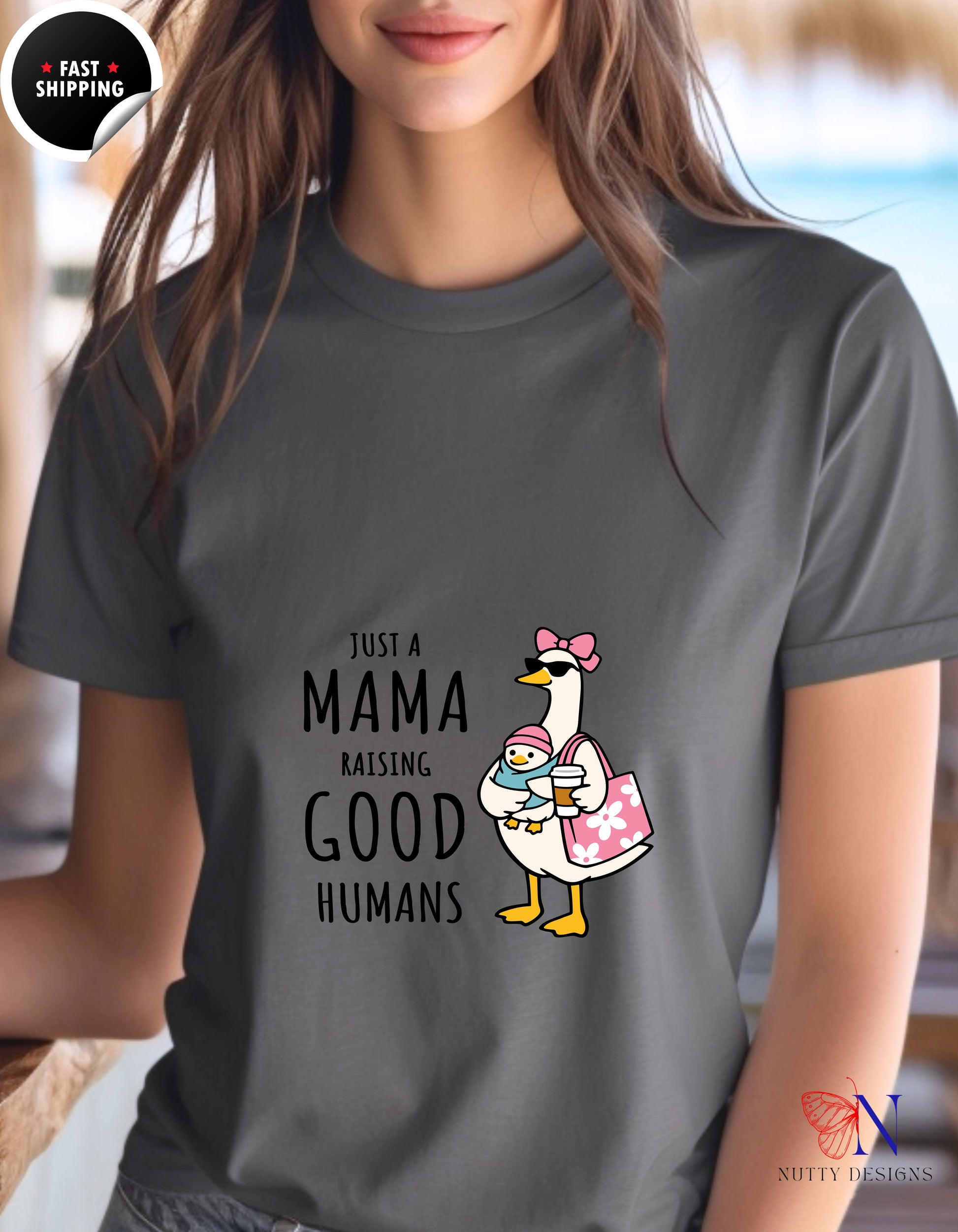 Just A Mama Raising Good Humans Mom Goose t-shirt lifestyle mockup - Mother's Day gift