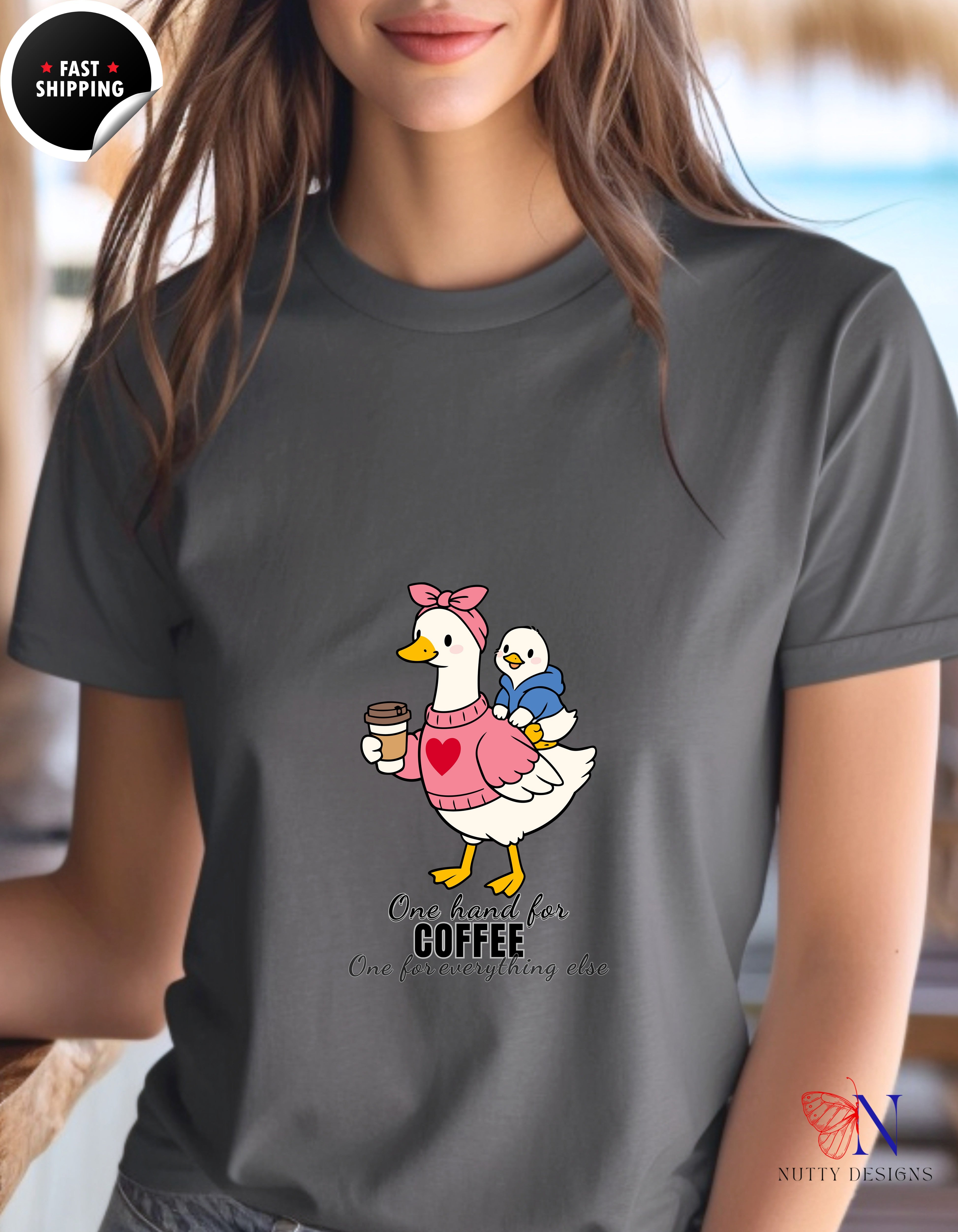One Hand For Coffee One For Everything Else Mama Duck t-shirt lifestyle mockup - Mother's Day gift