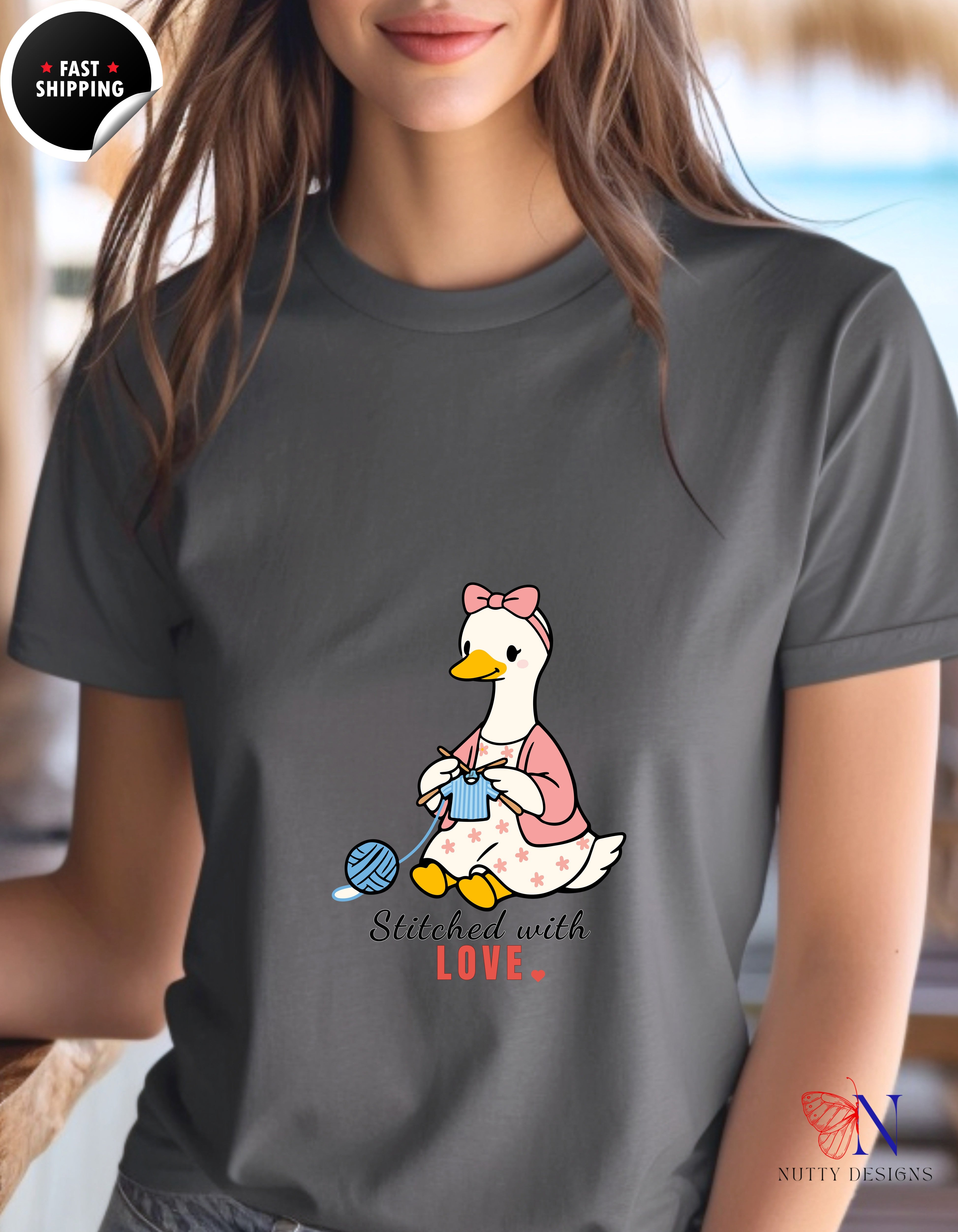 Stitched With Love Mama Goose Knitting t-shirt lifestyle mockup - Mother's Day gift