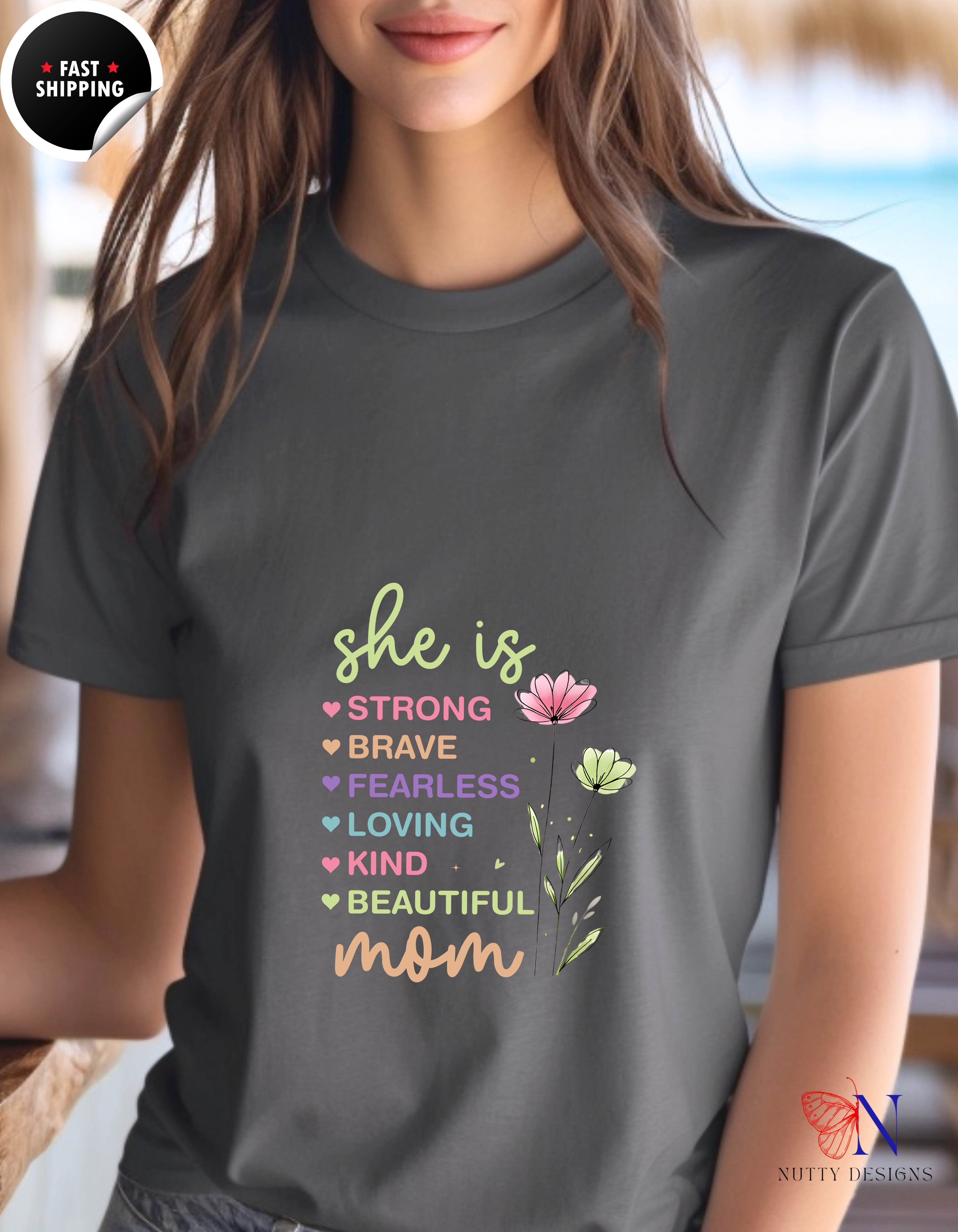 She Is Strong Mom Wildflower Garden t-shirt lifestyle mockup - Mother's Day gift