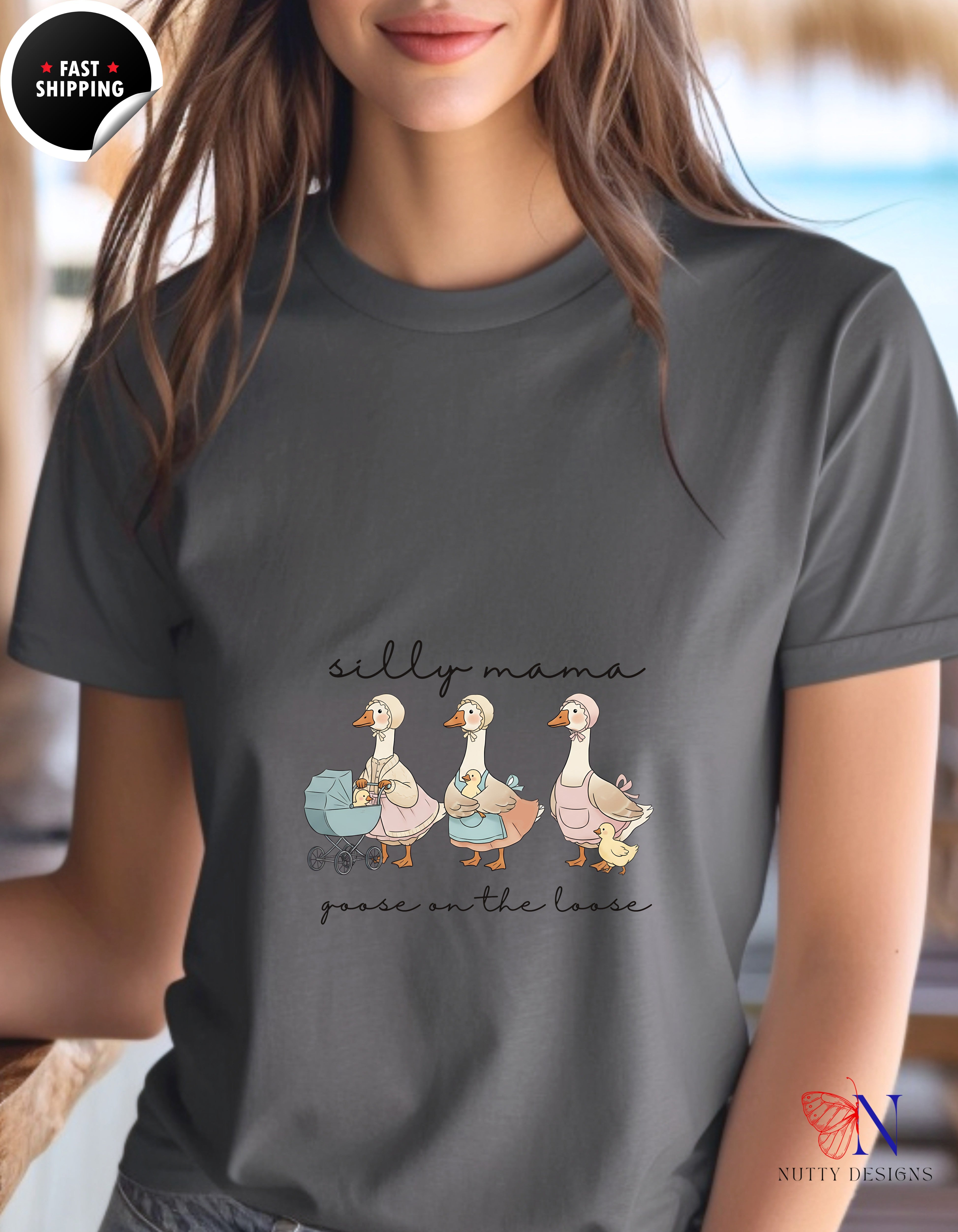 Silly Mama Goose On The Loose t-shirt lifestyle mockup - Mother's Day gift