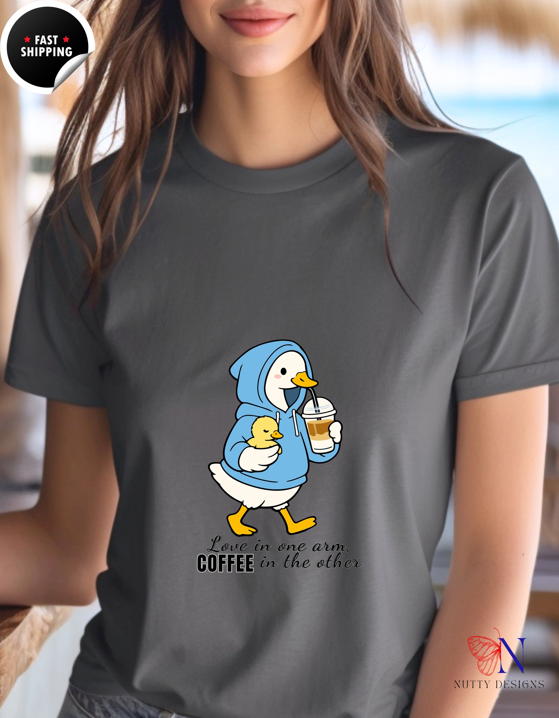 Love In One Arm Coffee In The Other Mama Duck t-shirt lifestyle mockup - Mother's Day gift