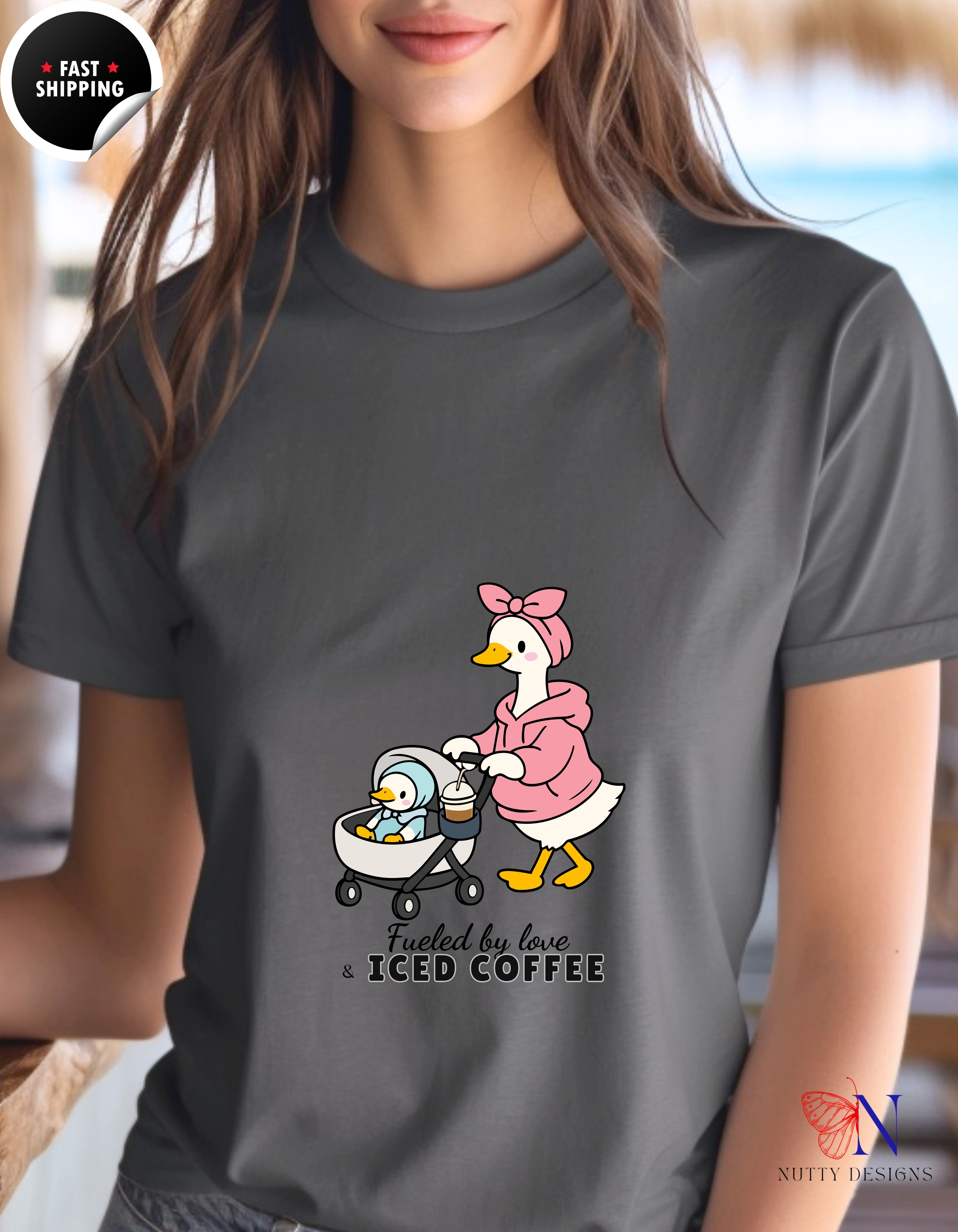 Fueled By Love And Iced Coffee Mama Goose t-shirt lifestyle mockup - Mother's Day gift