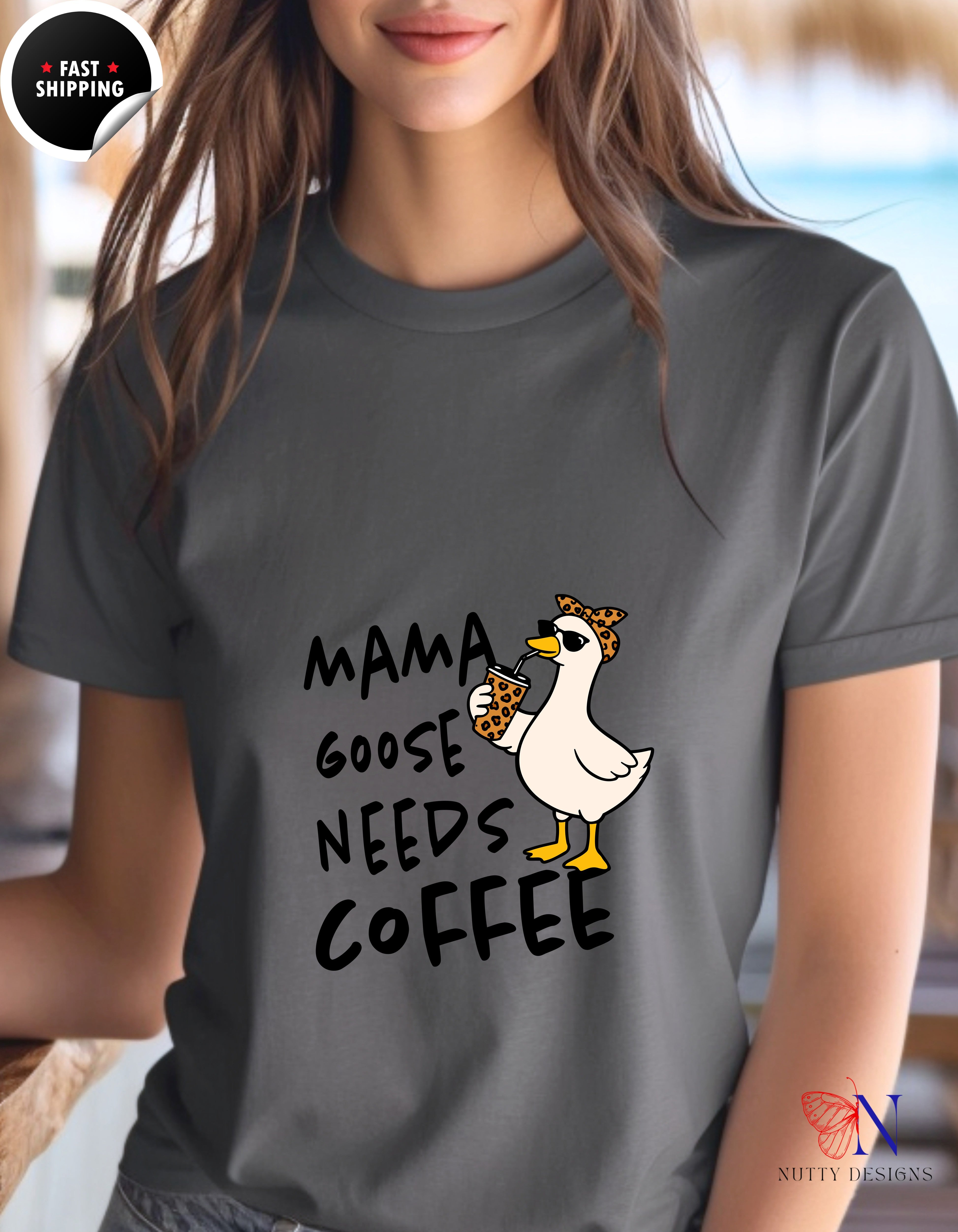 Mama Goose Needs Coffee t-shirt lifestyle mockup - Mother's Day gift