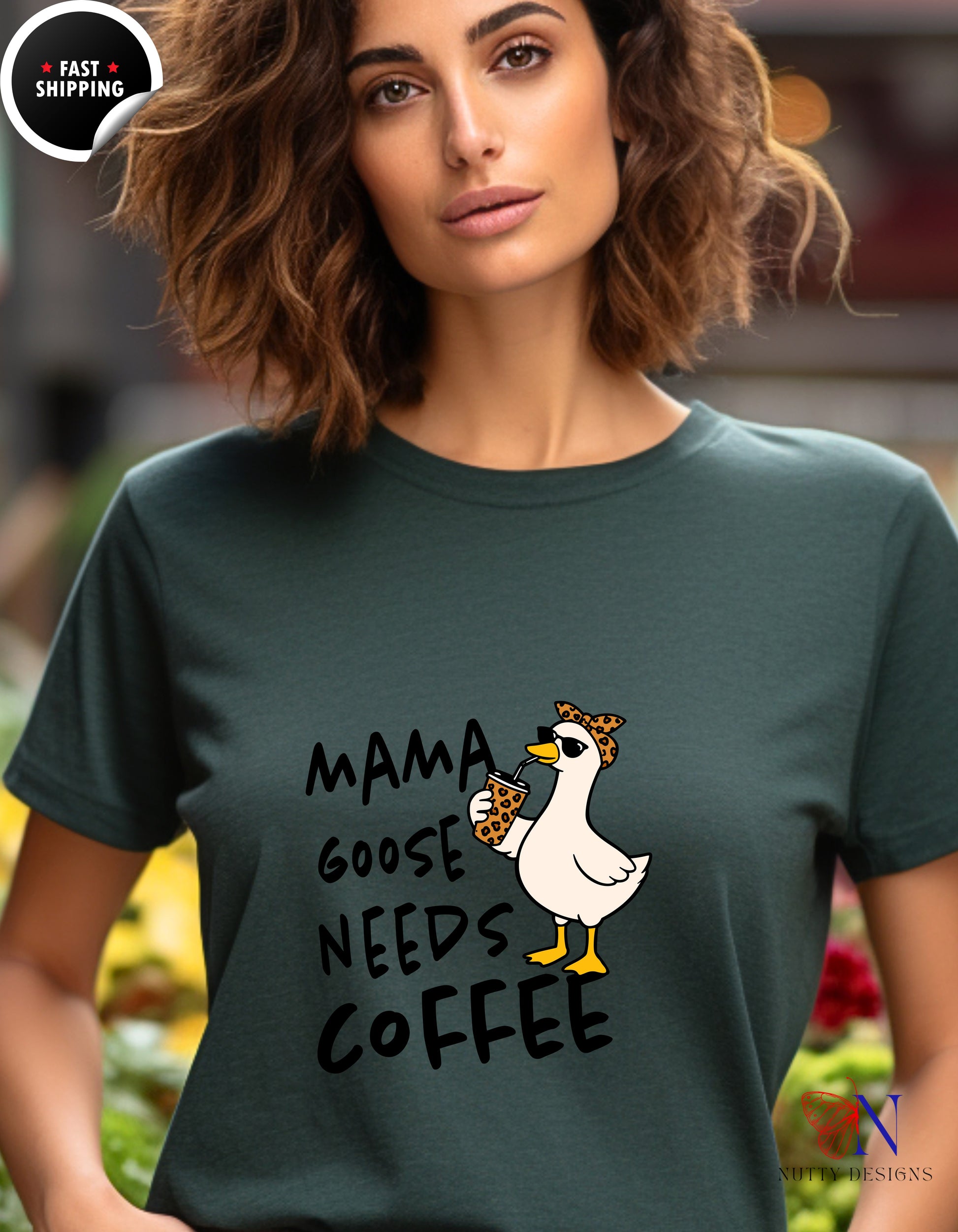 Mama Goose Needs Coffee t-shirt lifestyle mockup - Mother's Day gift