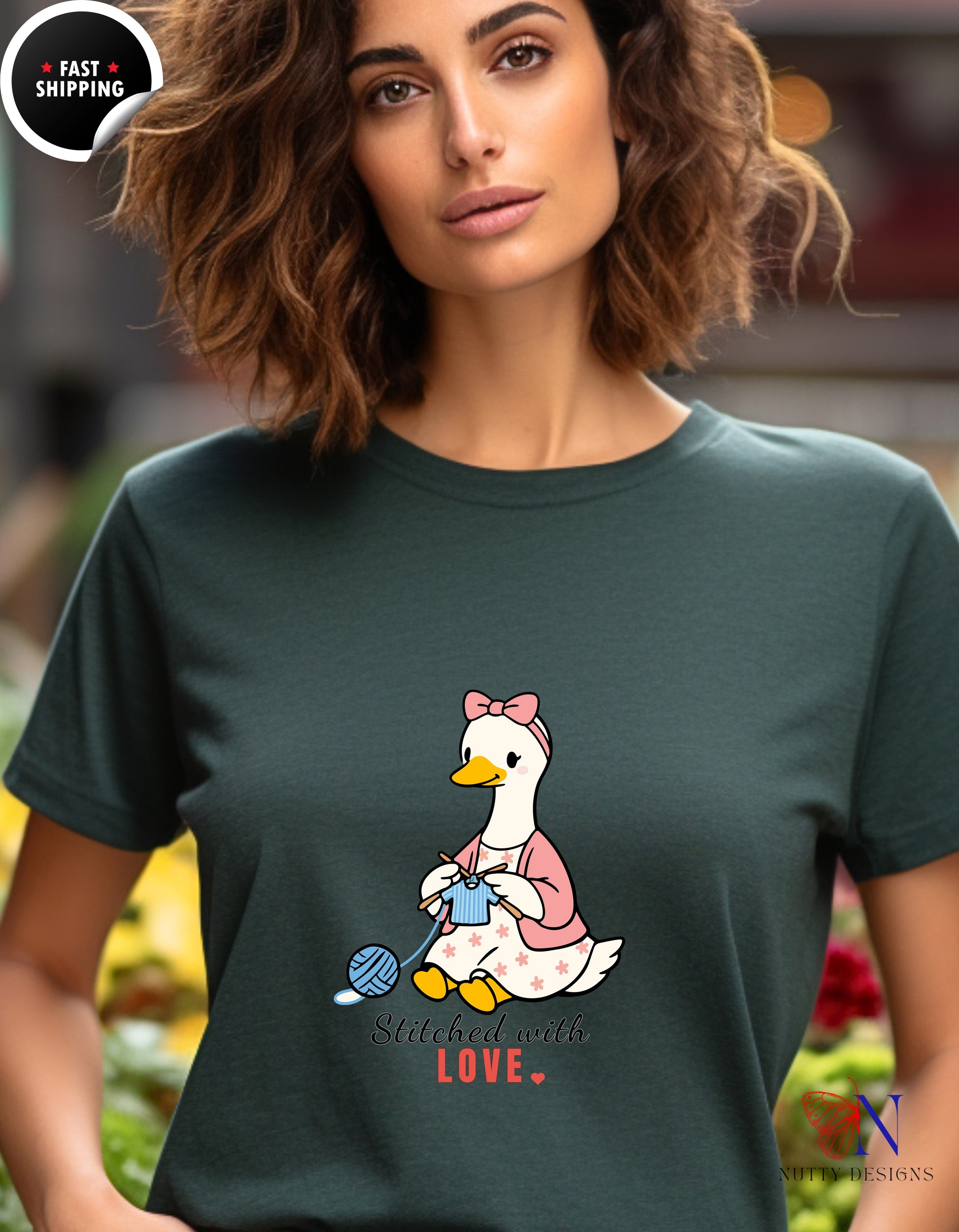 Stitched With Love Mama Goose Knitting t-shirt lifestyle mockup - Mother's Day gift