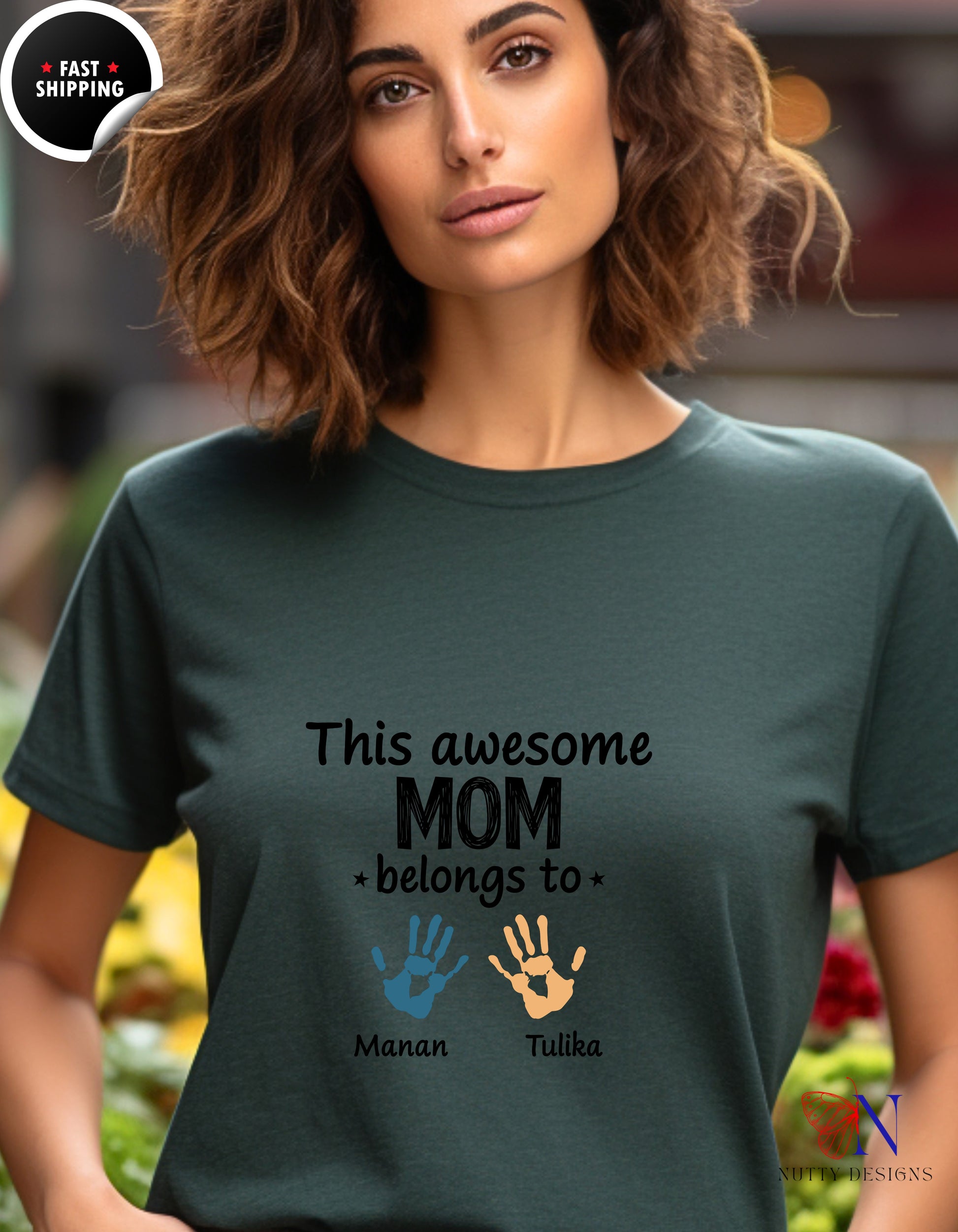This Awesome Mom Belongs To Personalized 2 Names t-shirt lifestyle mockup - Mother's Day gift
