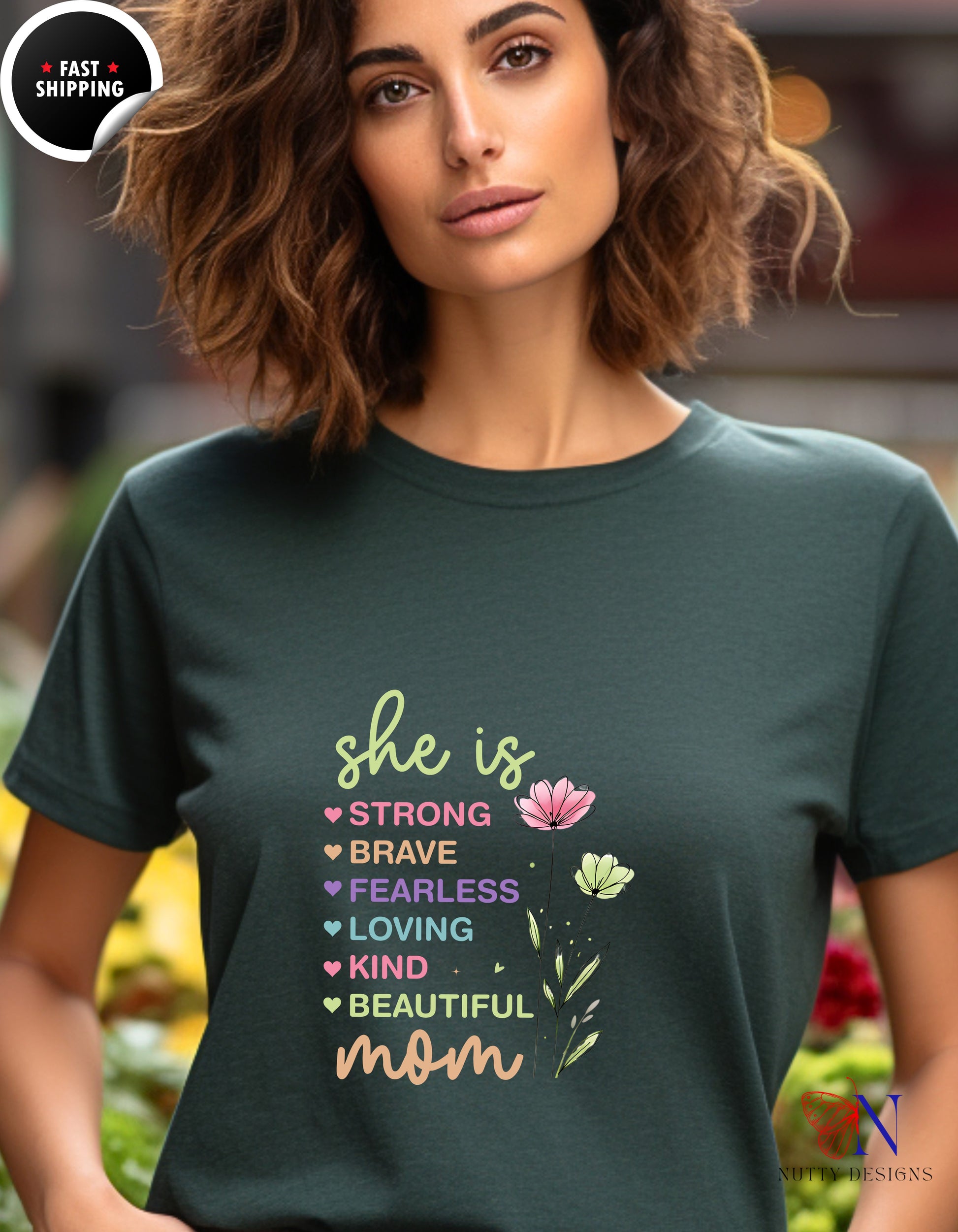 She Is Strong Mom Wildflower Garden t-shirt lifestyle mockup - Mother's Day gift
