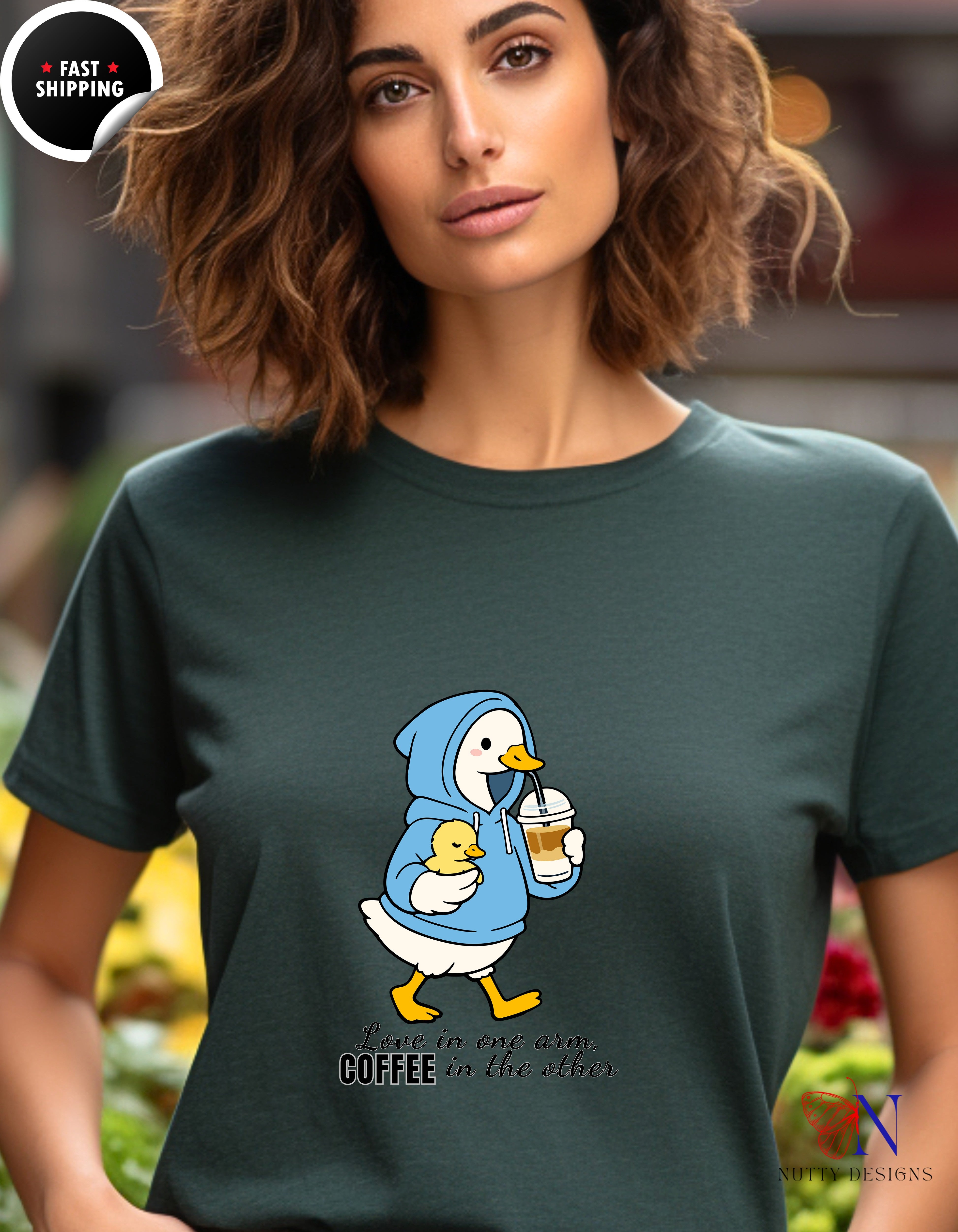 Love In One Arm Coffee In The Other Mama Duck t-shirt lifestyle mockup - Mother's Day gift