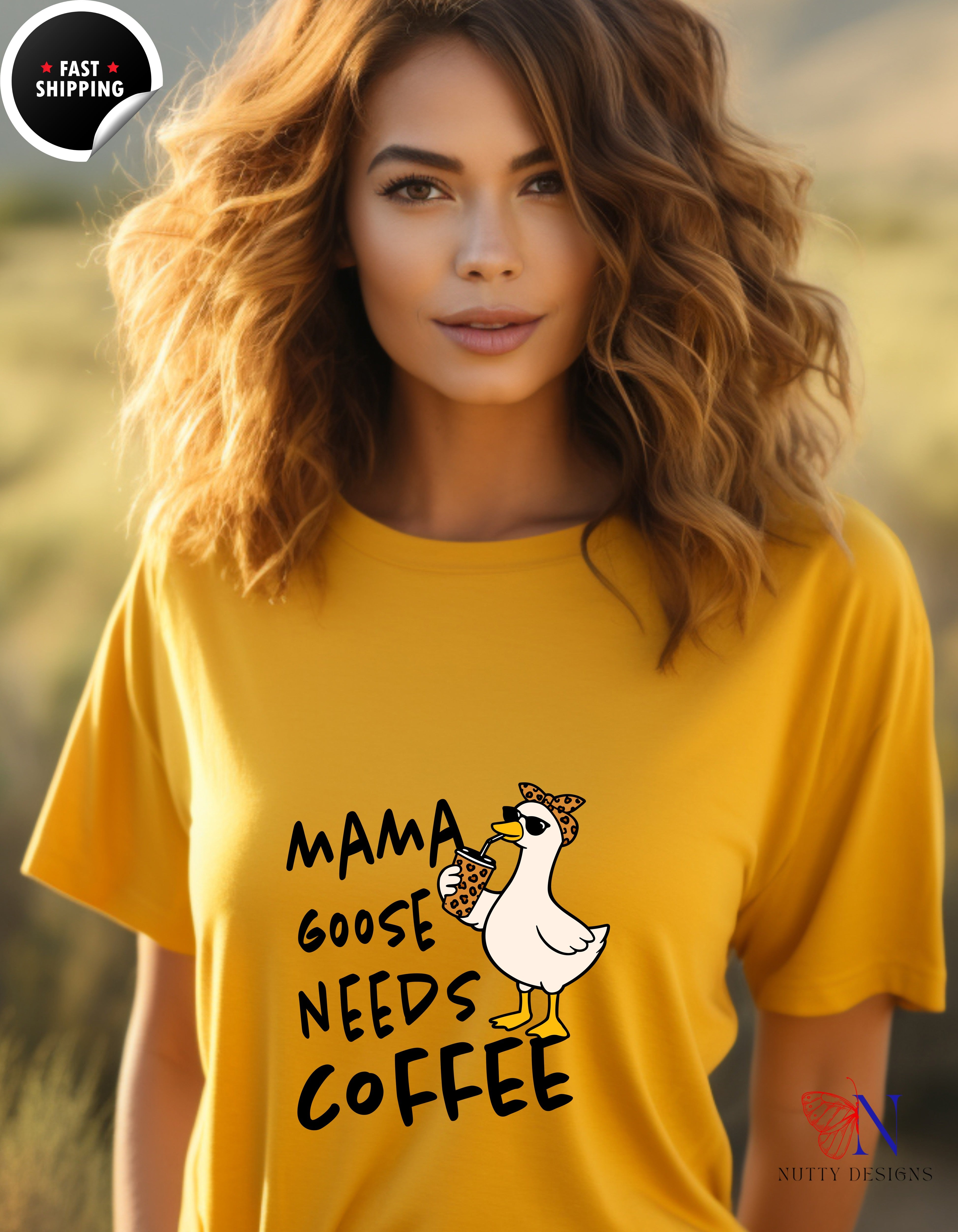 Mama Goose Needs Coffee t-shirt lifestyle mockup - Mother's Day gift