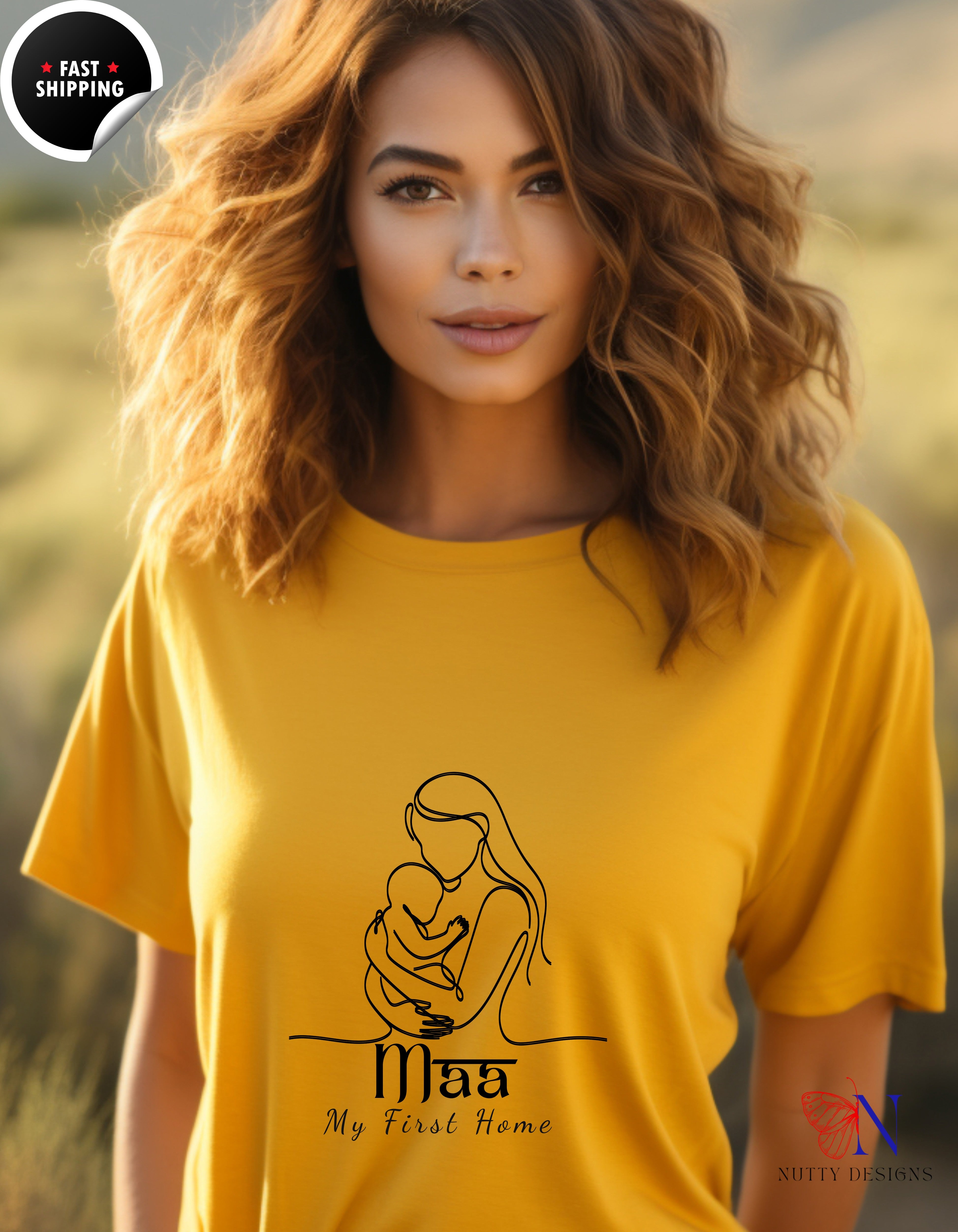 Maa My First Home Desi Mom Line Art t-shirt lifestyle mockup - Mother's Day gift