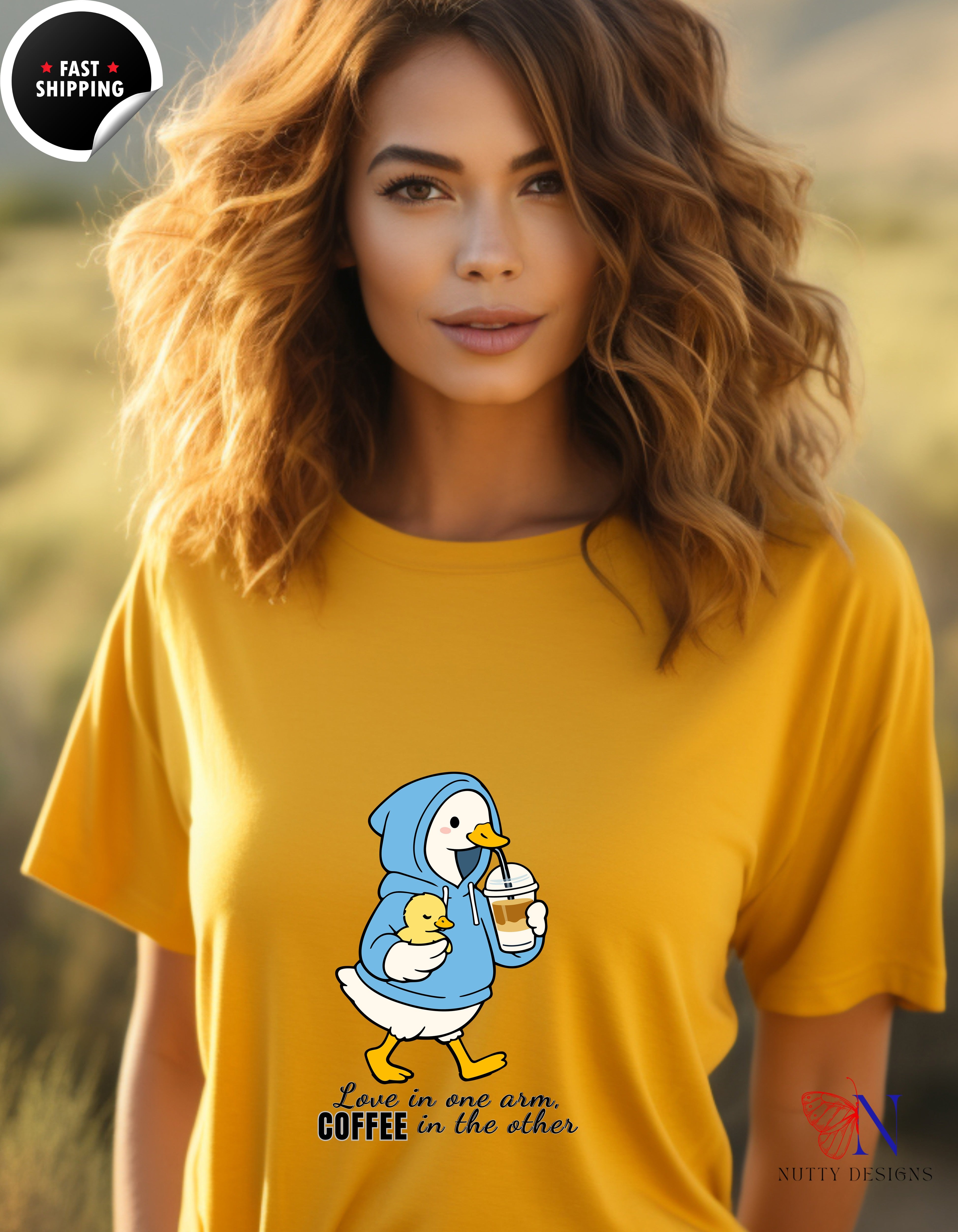 Love In One Arm Coffee In The Other Mama Duck t-shirt lifestyle mockup - Mother's Day gift