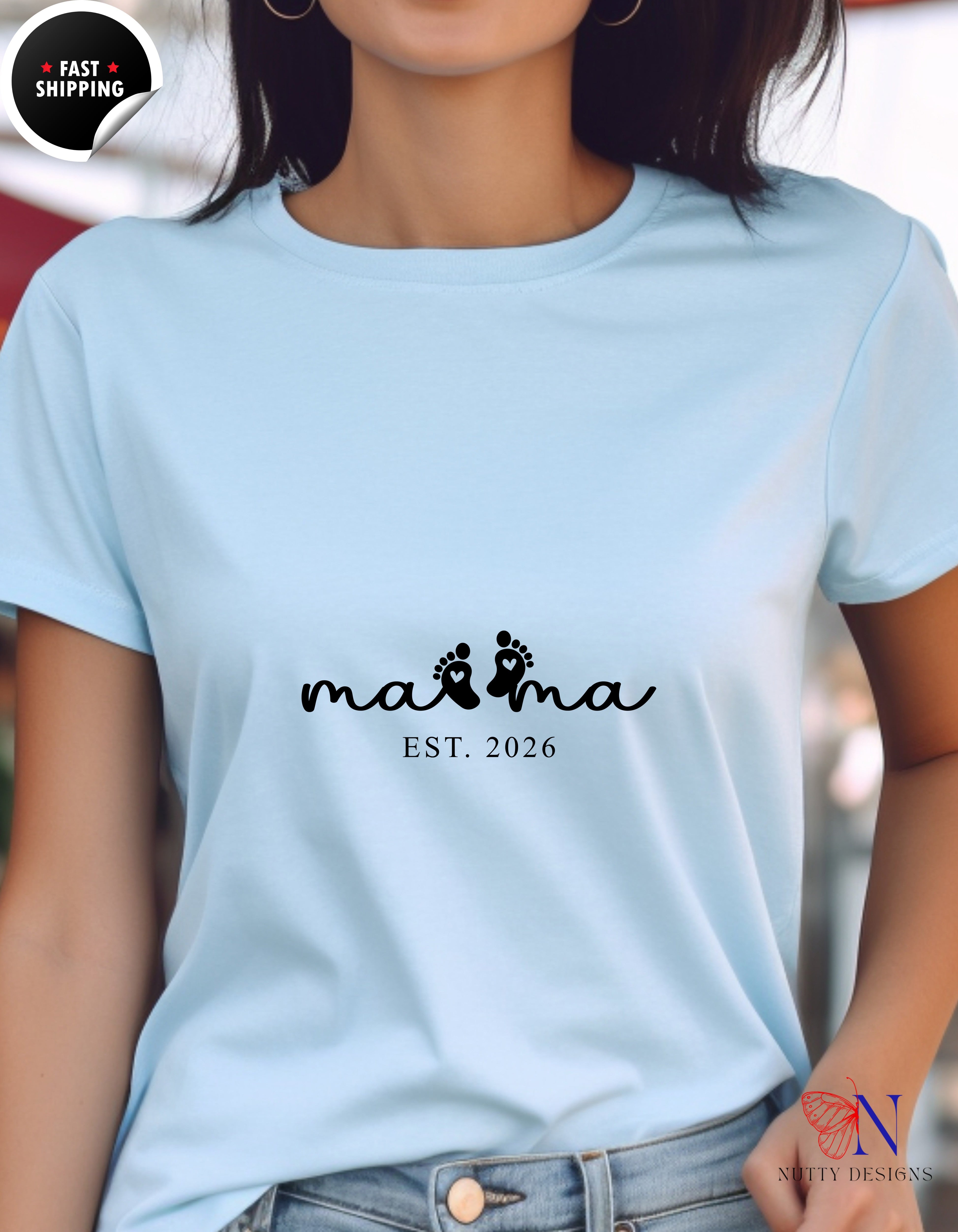 Mama Est 2026 Baby Footprints t-shirt lifestyle mockup - Mother's Day gift