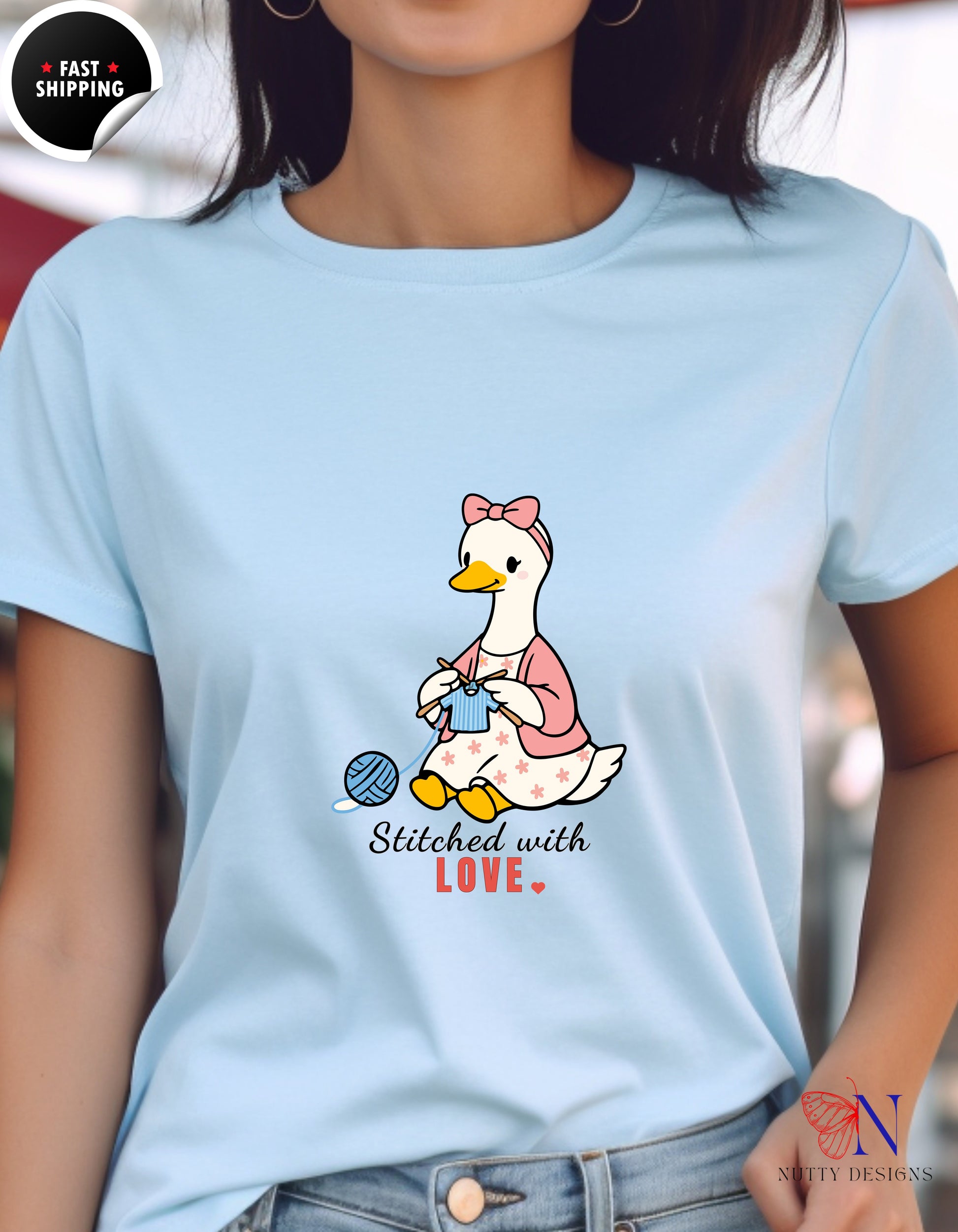 Stitched With Love Mama Goose Knitting t-shirt lifestyle mockup - Mother's Day gift