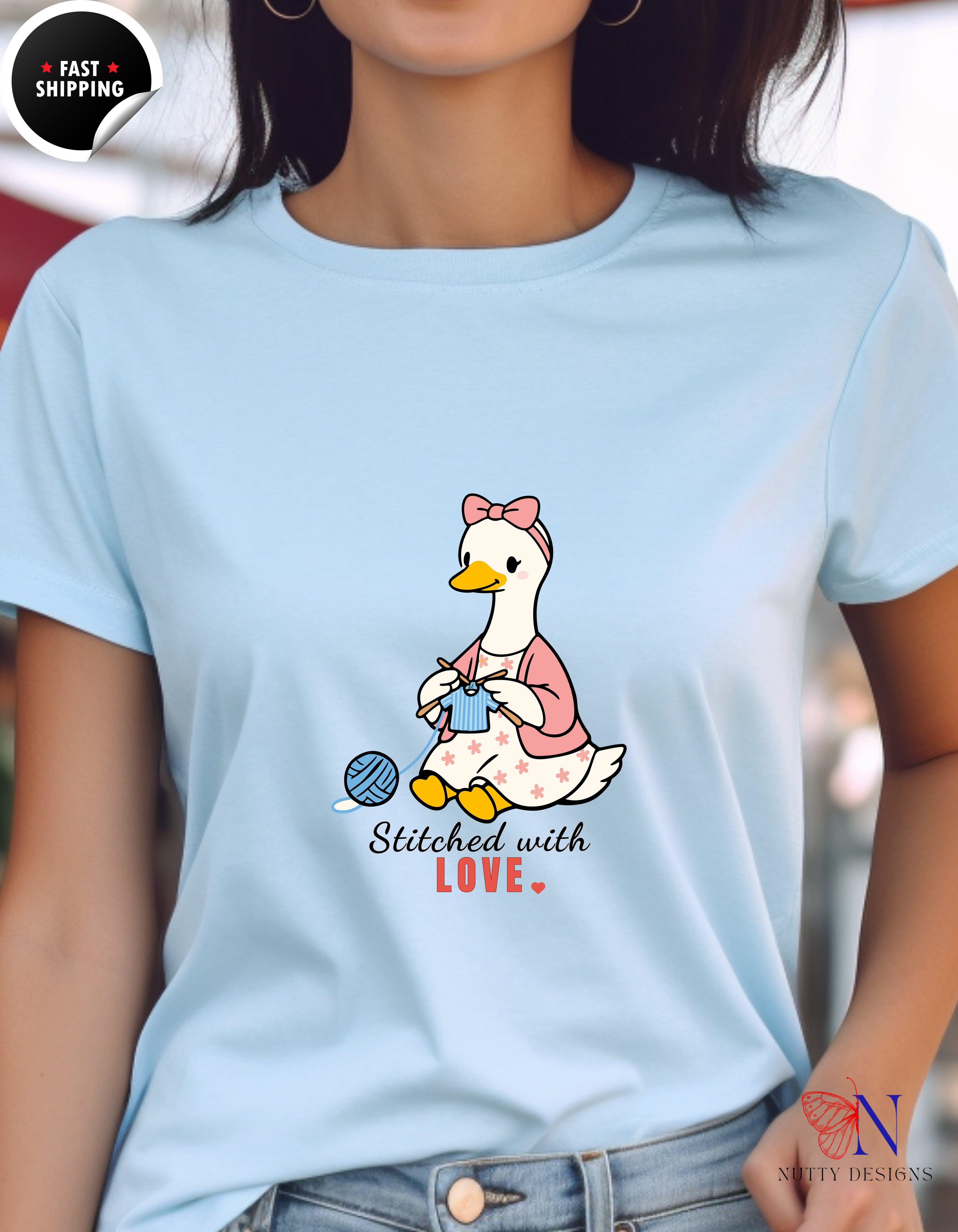 Stitched With Love Mama Goose Knitting t-shirt lifestyle mockup - Mother's Day gift