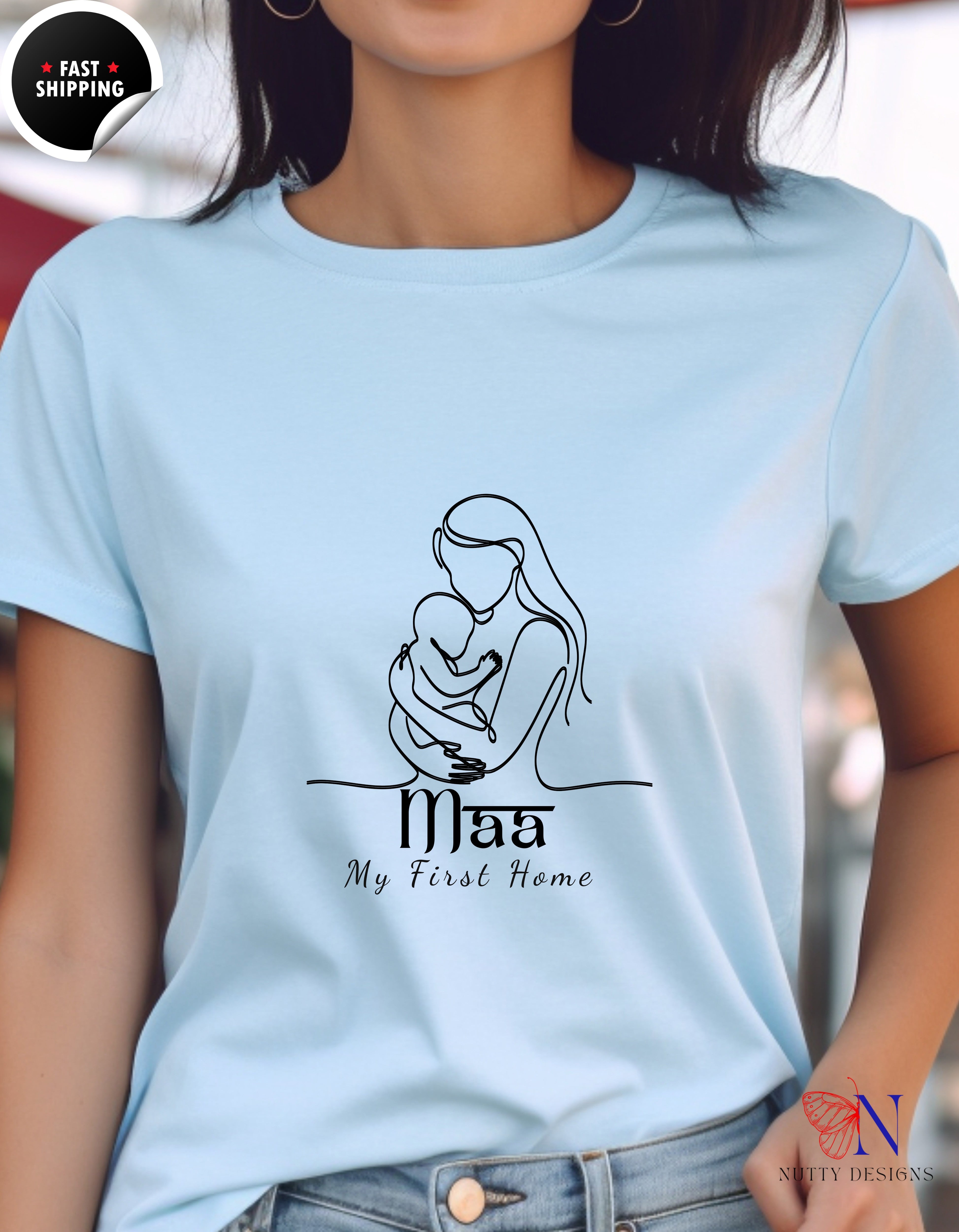 Maa My First Home Desi Mom Line Art t-shirt lifestyle mockup - Mother's Day gift