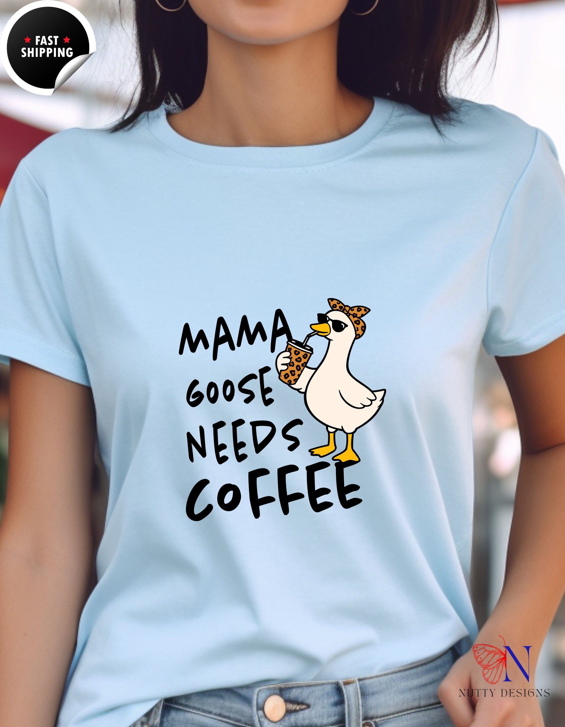 Mama Goose Needs Coffee t-shirt lifestyle mockup - Mother's Day gift