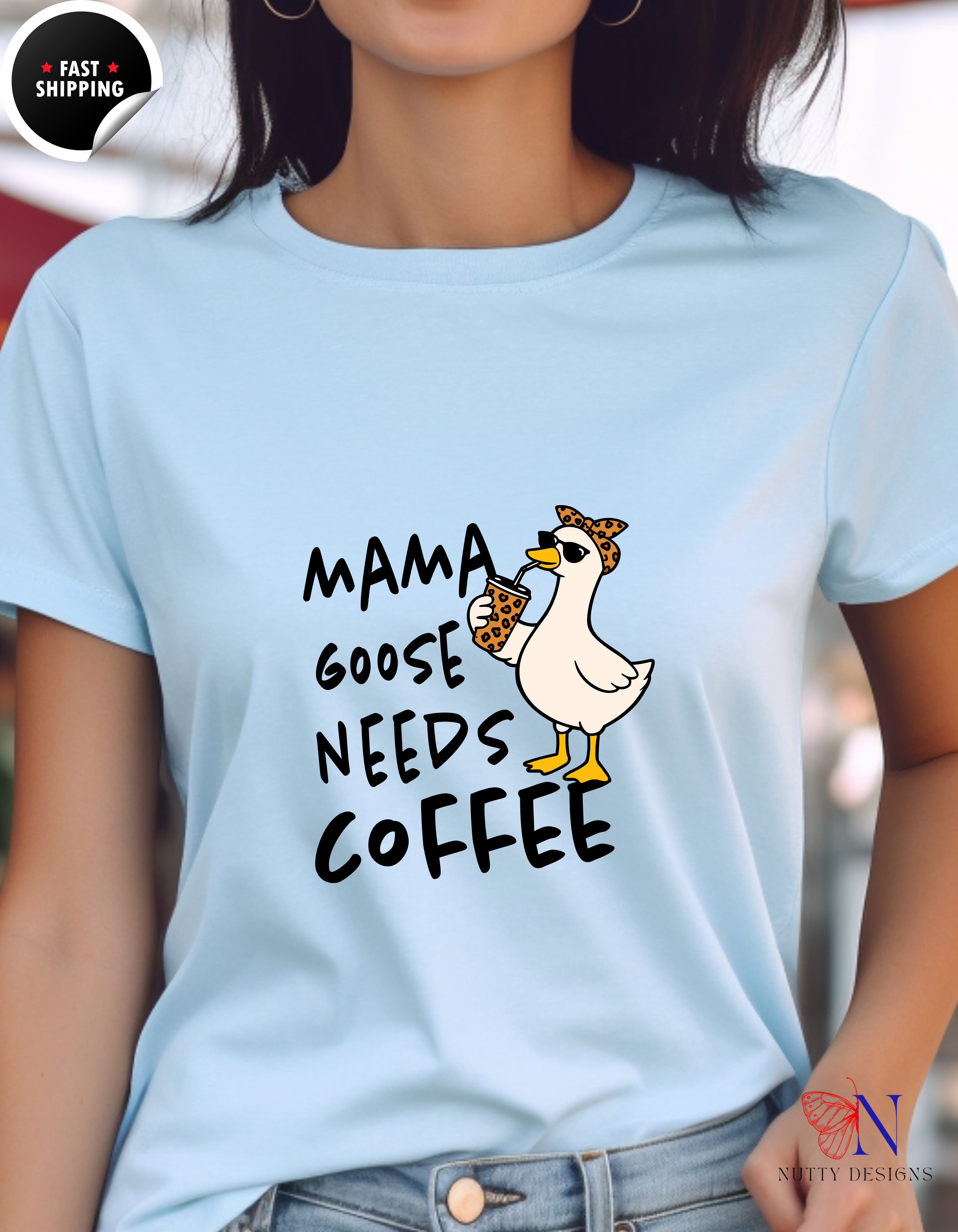 Mama Goose Needs Coffee t-shirt lifestyle mockup - Mother's Day gift