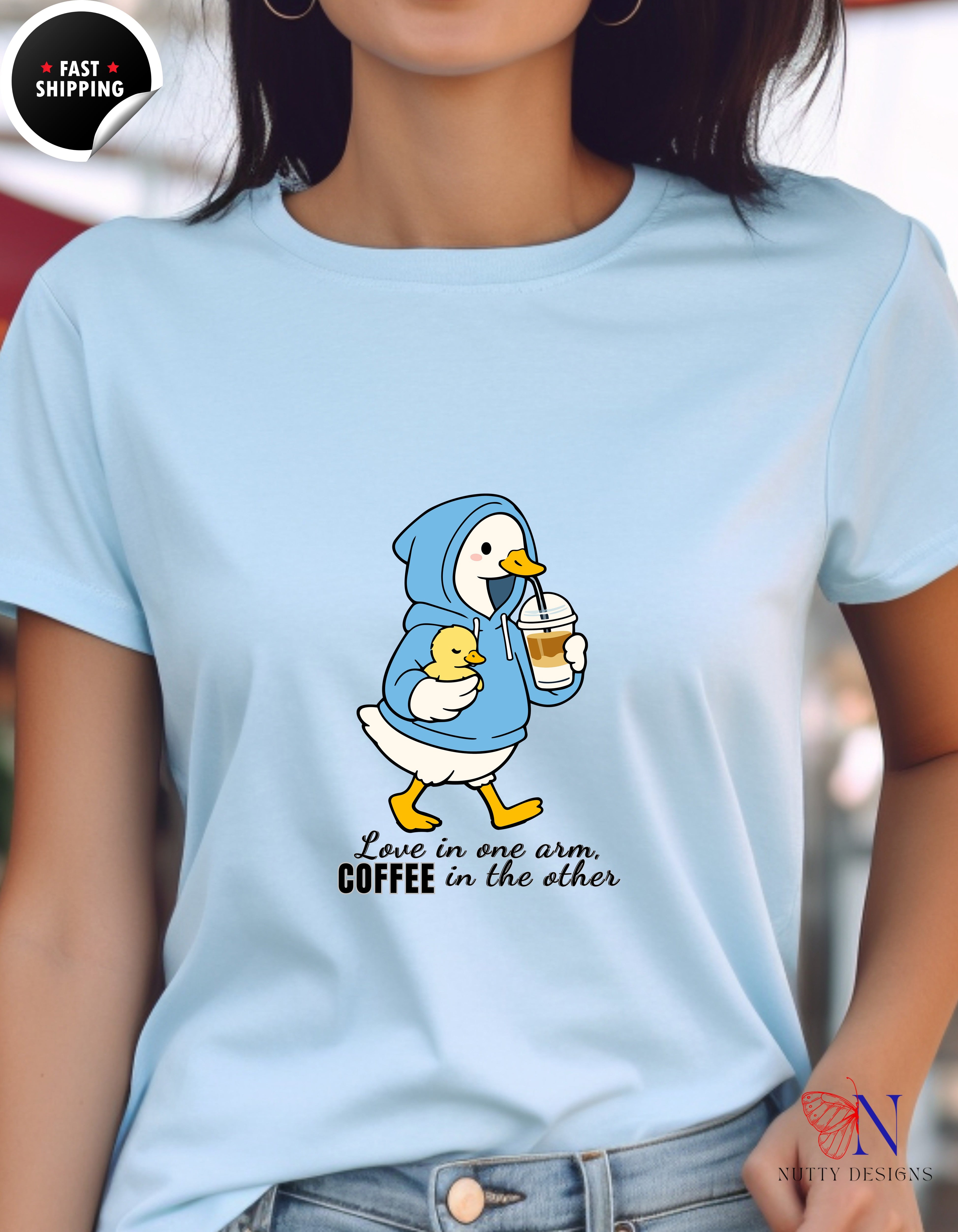 Love In One Arm Coffee In The Other Mama Duck t-shirt lifestyle mockup - Mother's Day gift