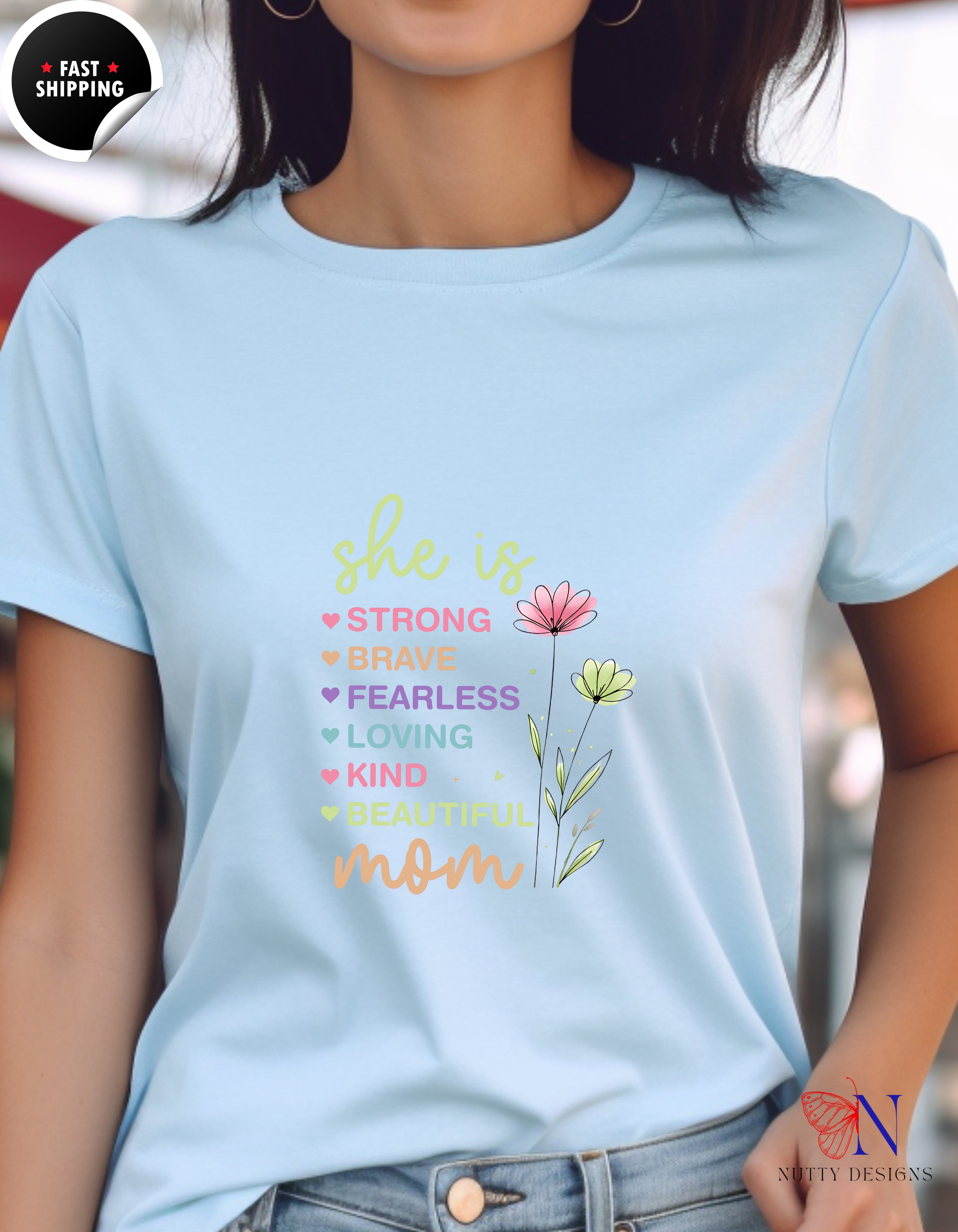 She Is Strong Mom Wildflower Garden t-shirt lifestyle mockup - Mother's Day gift
