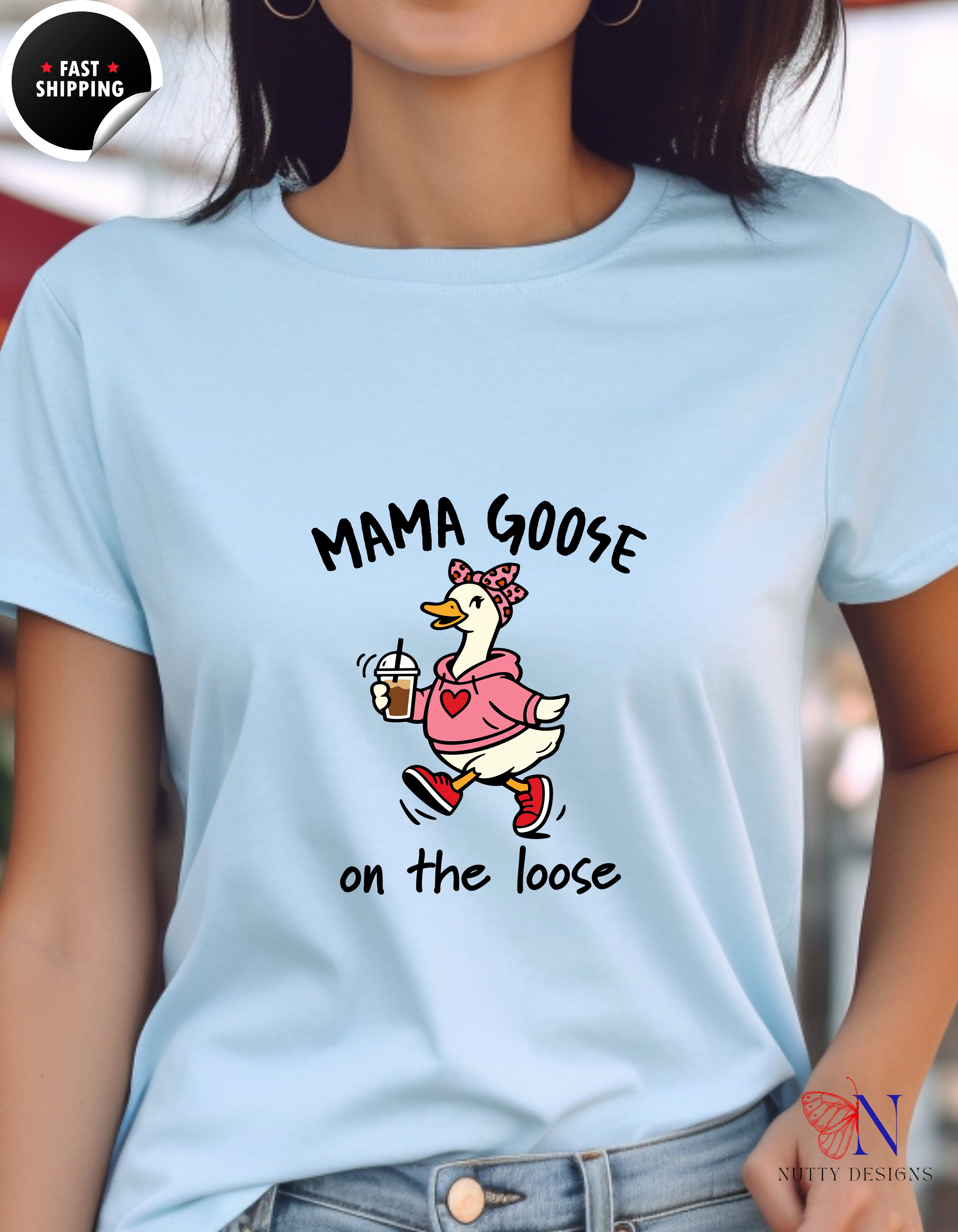 Mama Goose On The Loose t-shirt lifestyle mockup - Mother's Day gift