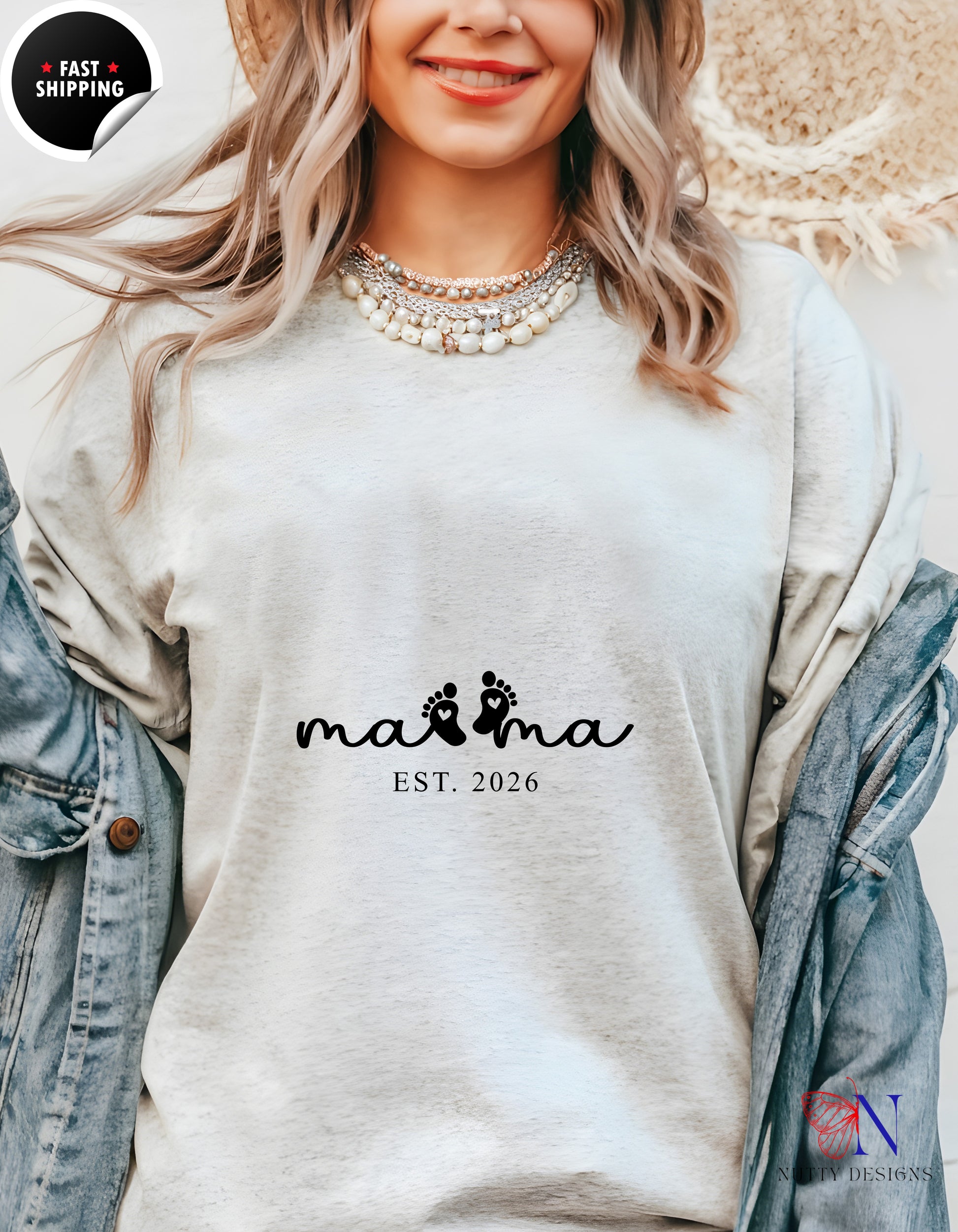 Mama Est 2026 Baby Footprints t-shirt lifestyle mockup - Mother's Day gift