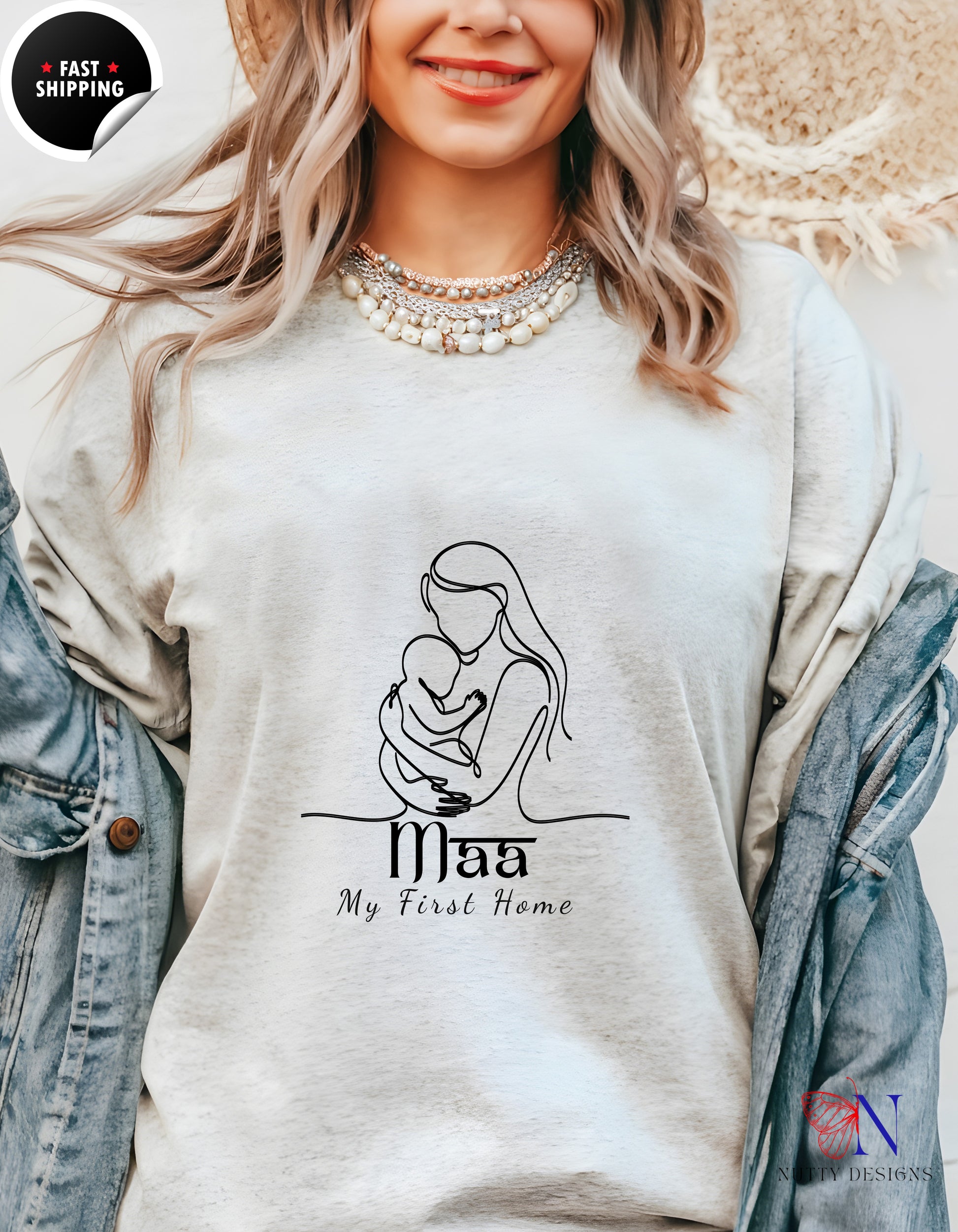 Maa My First Home Desi Mom Line Art t-shirt lifestyle mockup - Mother's Day gift