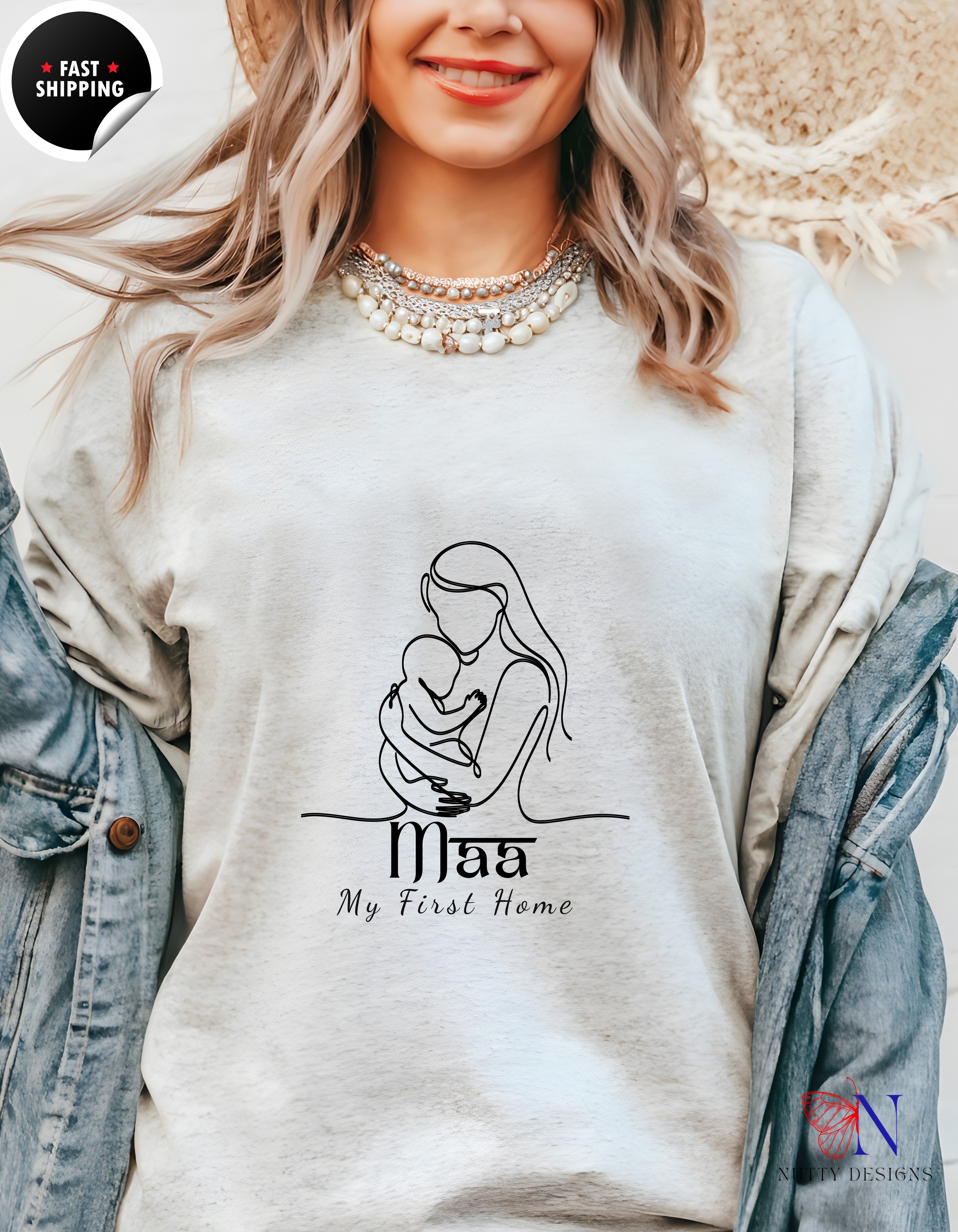 Maa My First Home Desi Mom Line Art t-shirt lifestyle mockup - Mother's Day gift