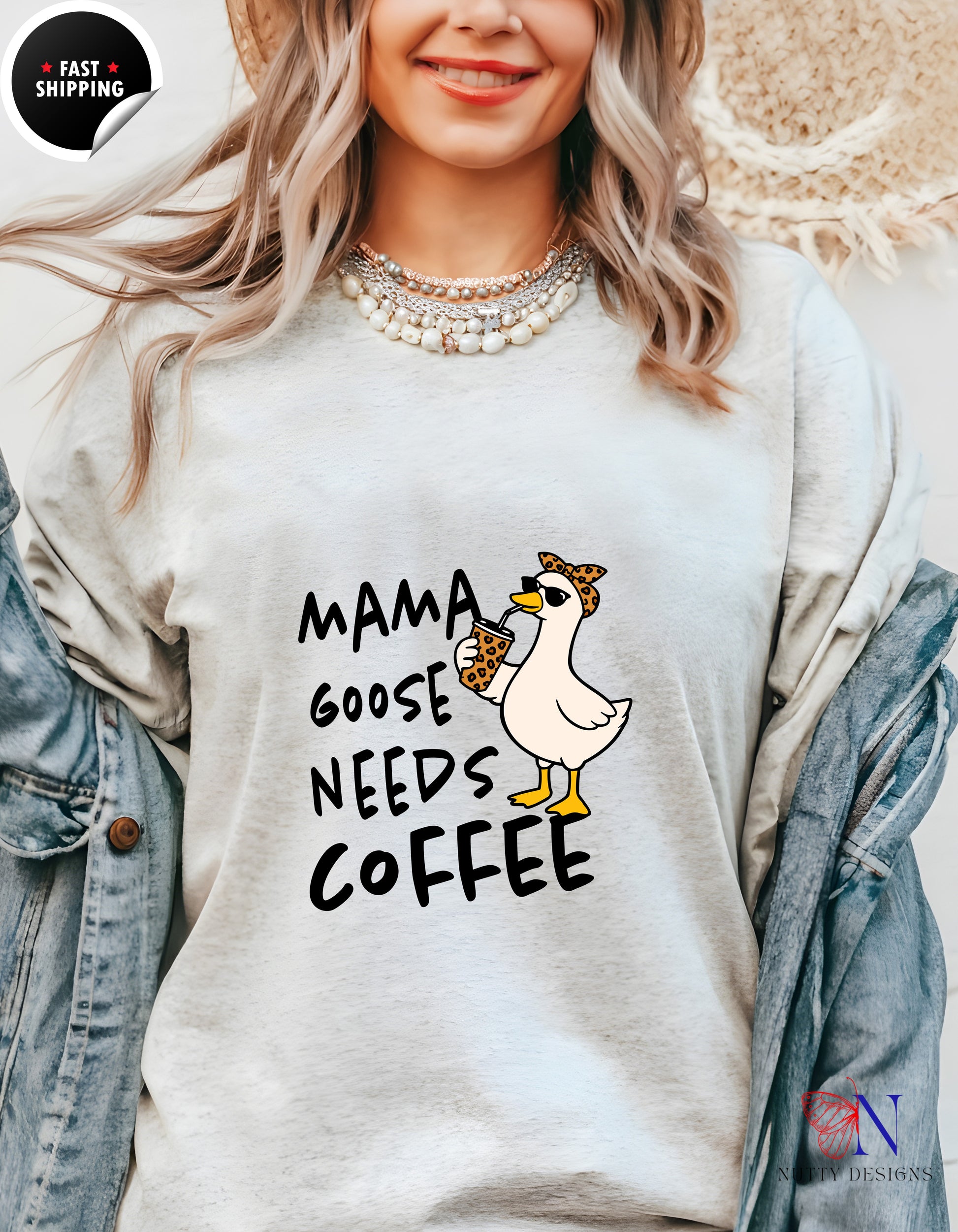 Mama Goose Needs Coffee t-shirt lifestyle mockup - Mother's Day gift