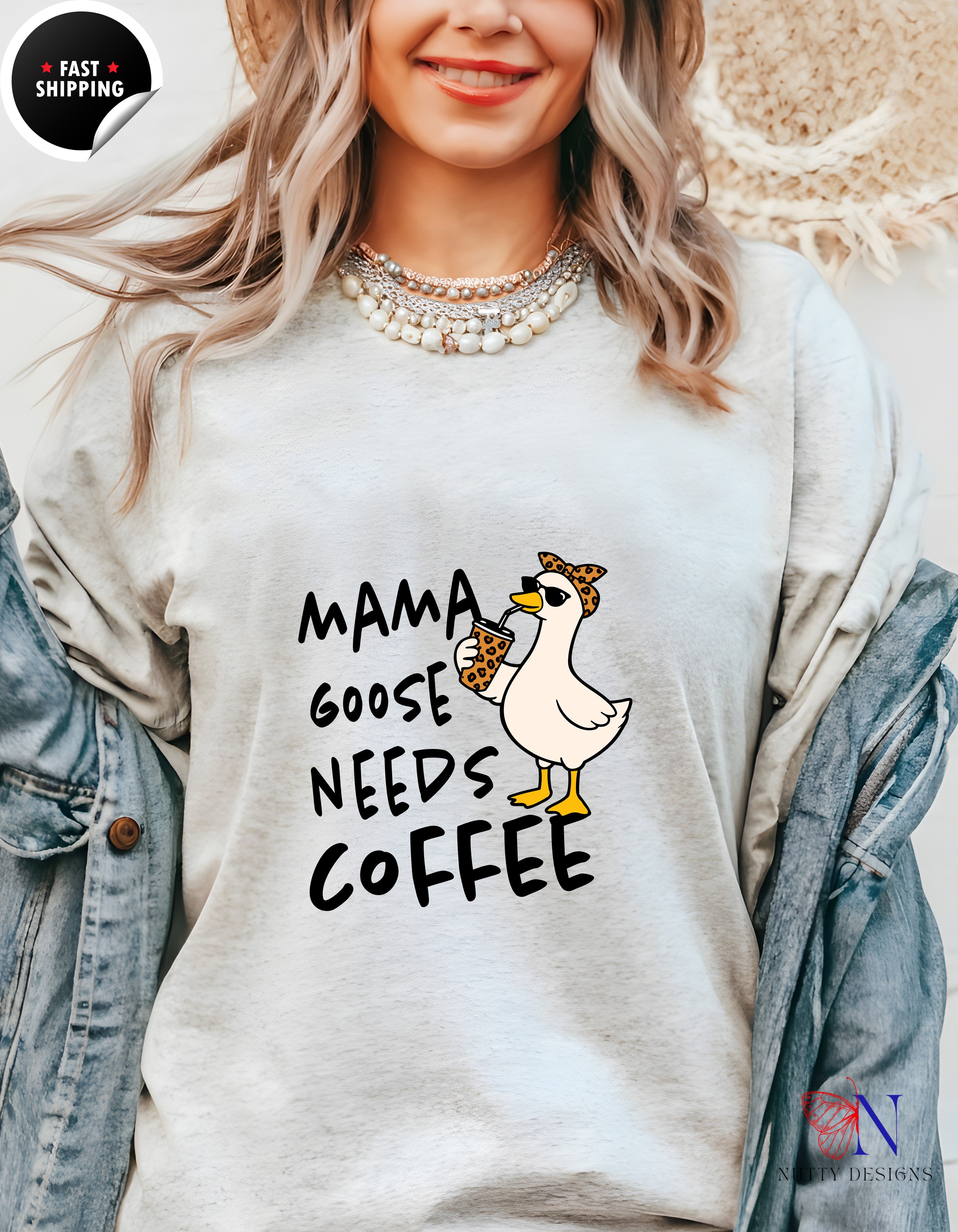 Mama Goose Needs Coffee t-shirt lifestyle mockup - Mother's Day gift