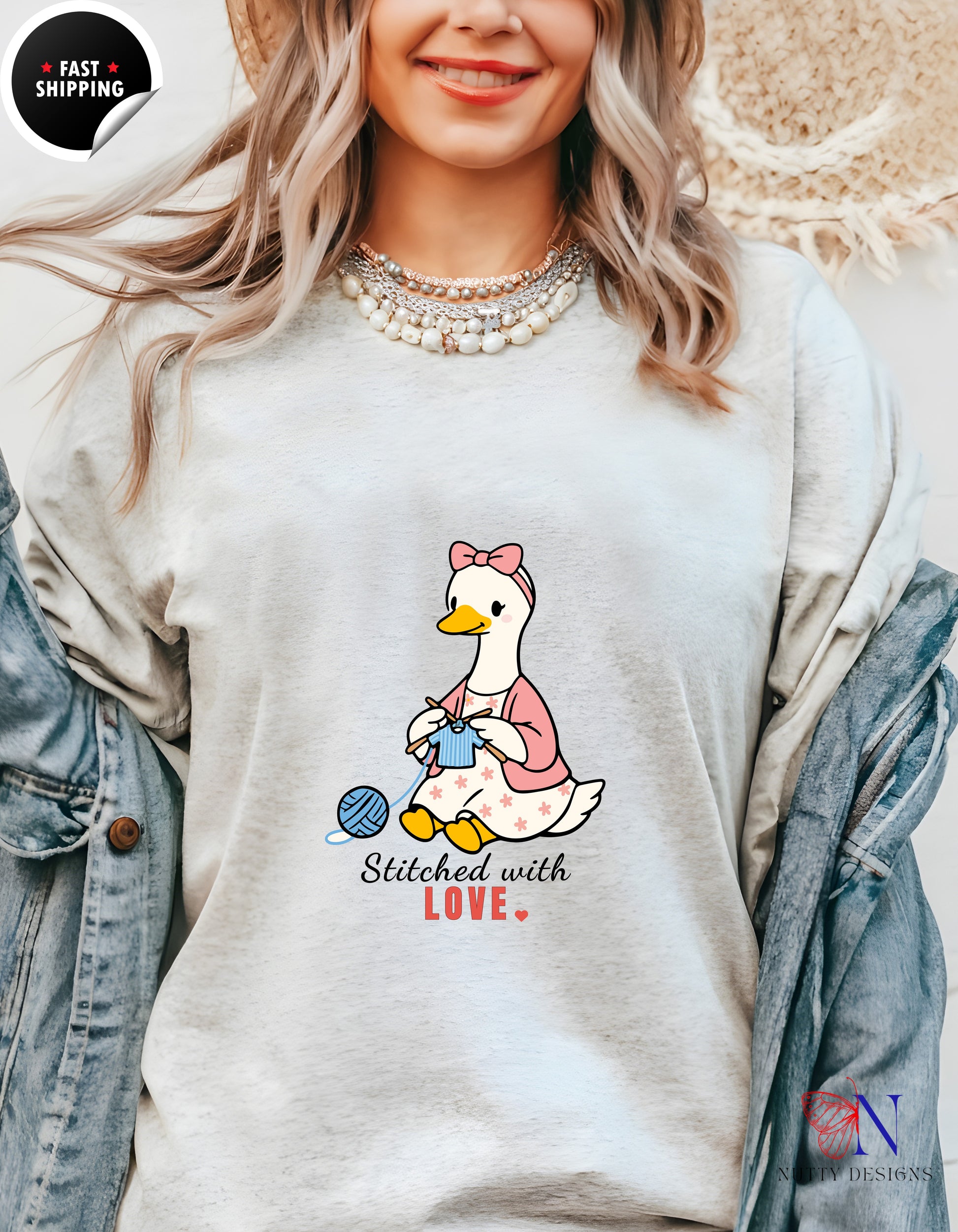 Stitched With Love Mama Goose Knitting t-shirt lifestyle mockup - Mother's Day gift
