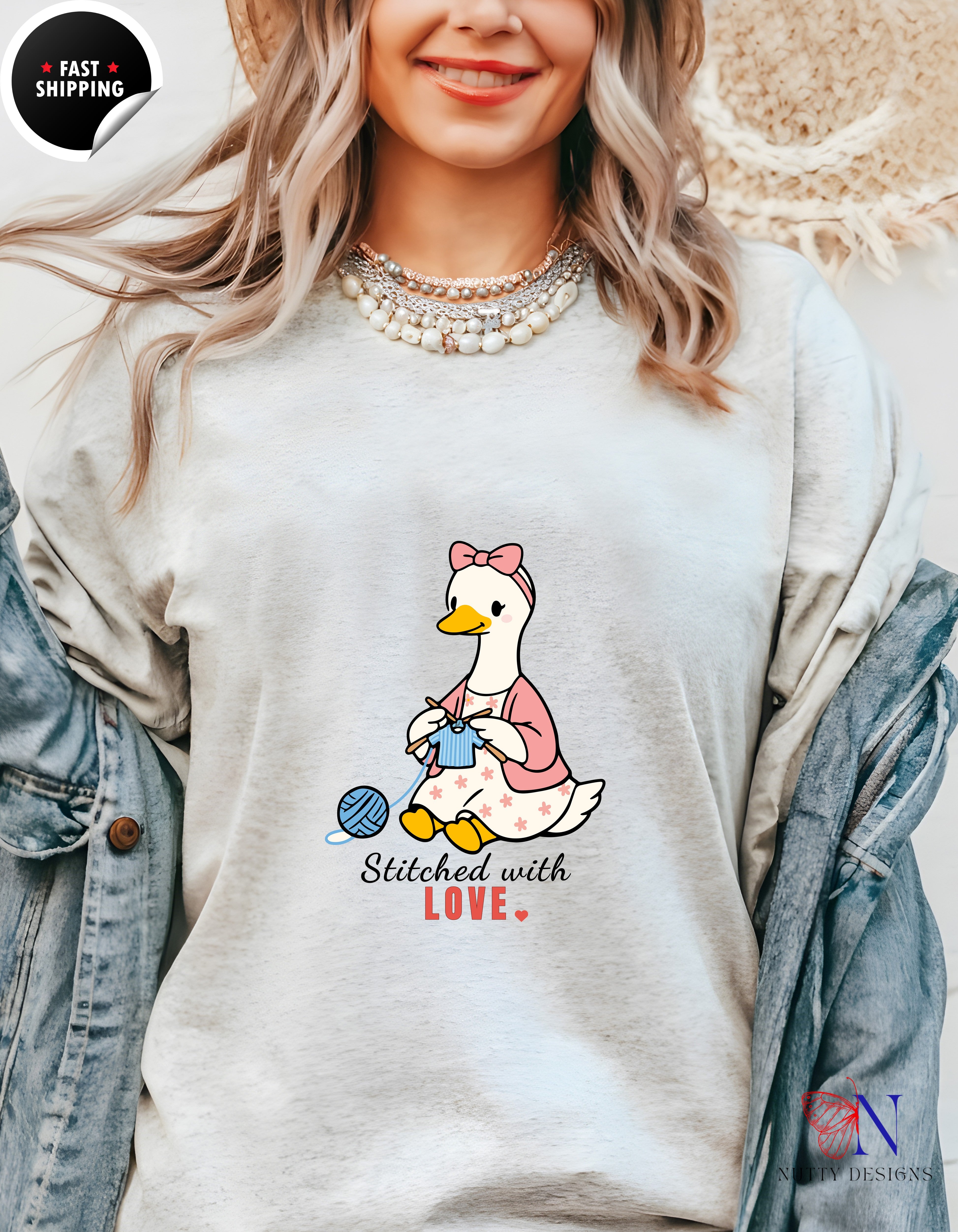 Stitched With Love Mama Goose Knitting t-shirt lifestyle mockup - Mother's Day gift