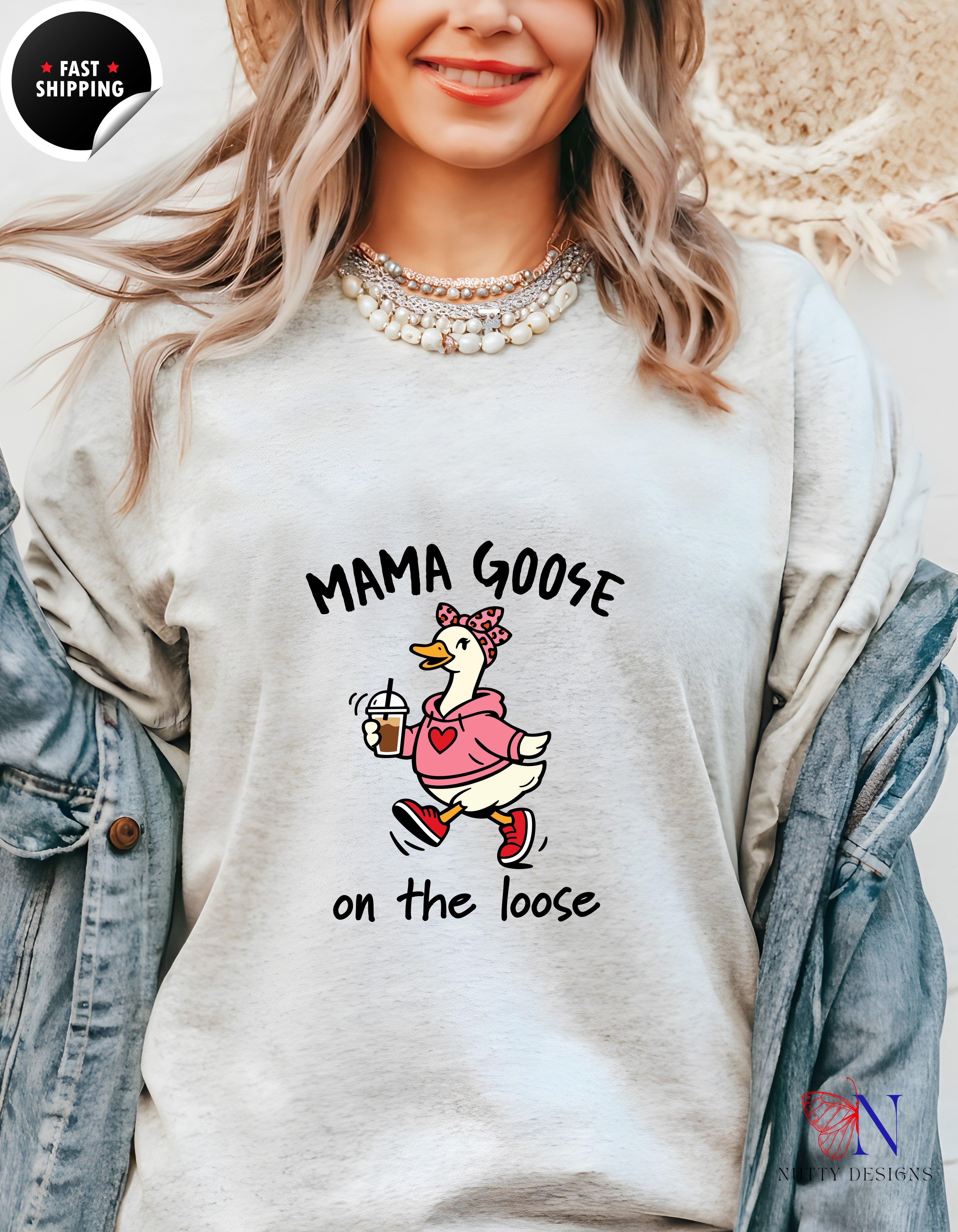 Mama Goose On The Loose t-shirt lifestyle mockup - Mother's Day gift