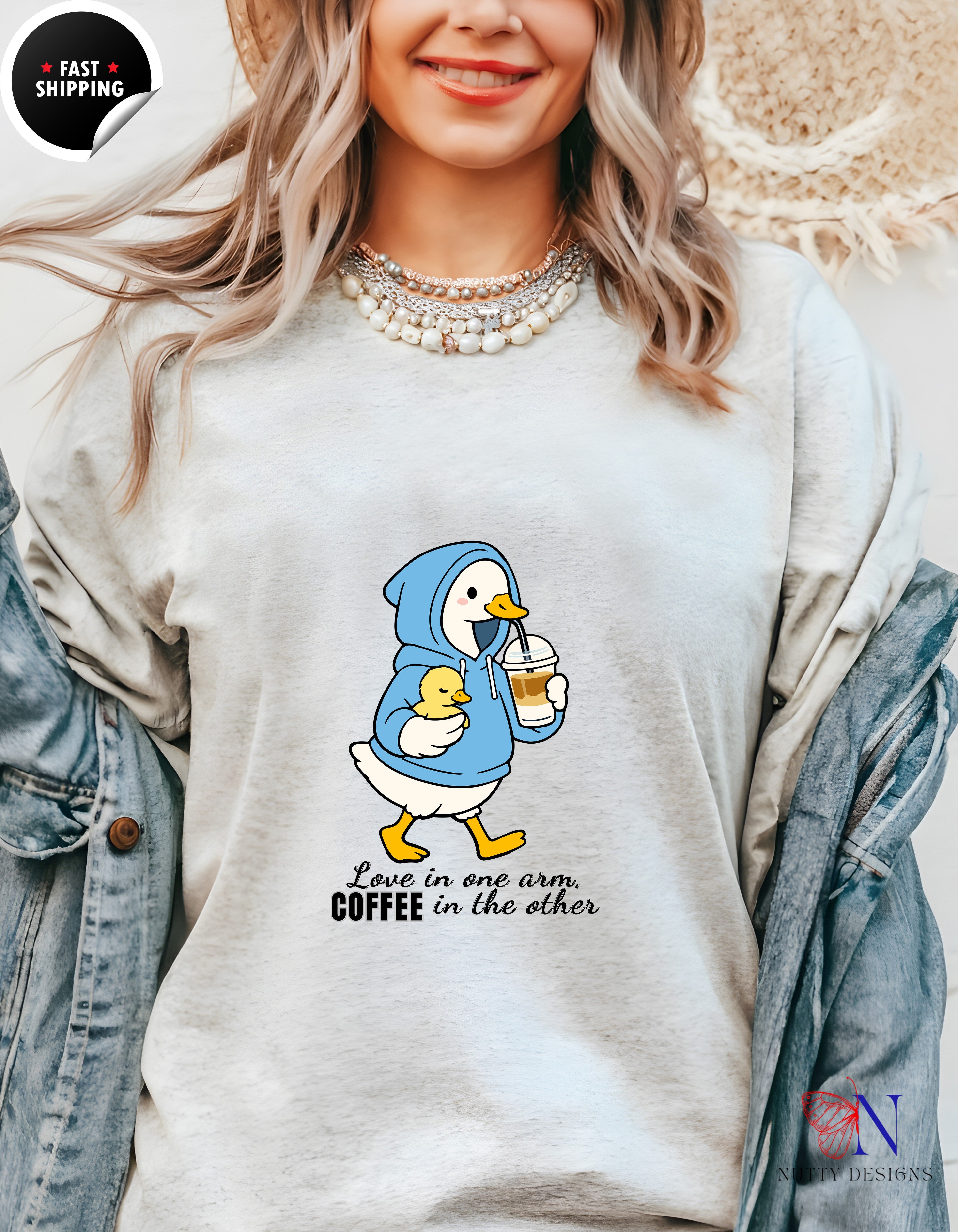 Love In One Arm Coffee In The Other Mama Duck t-shirt lifestyle mockup - Mother's Day gift