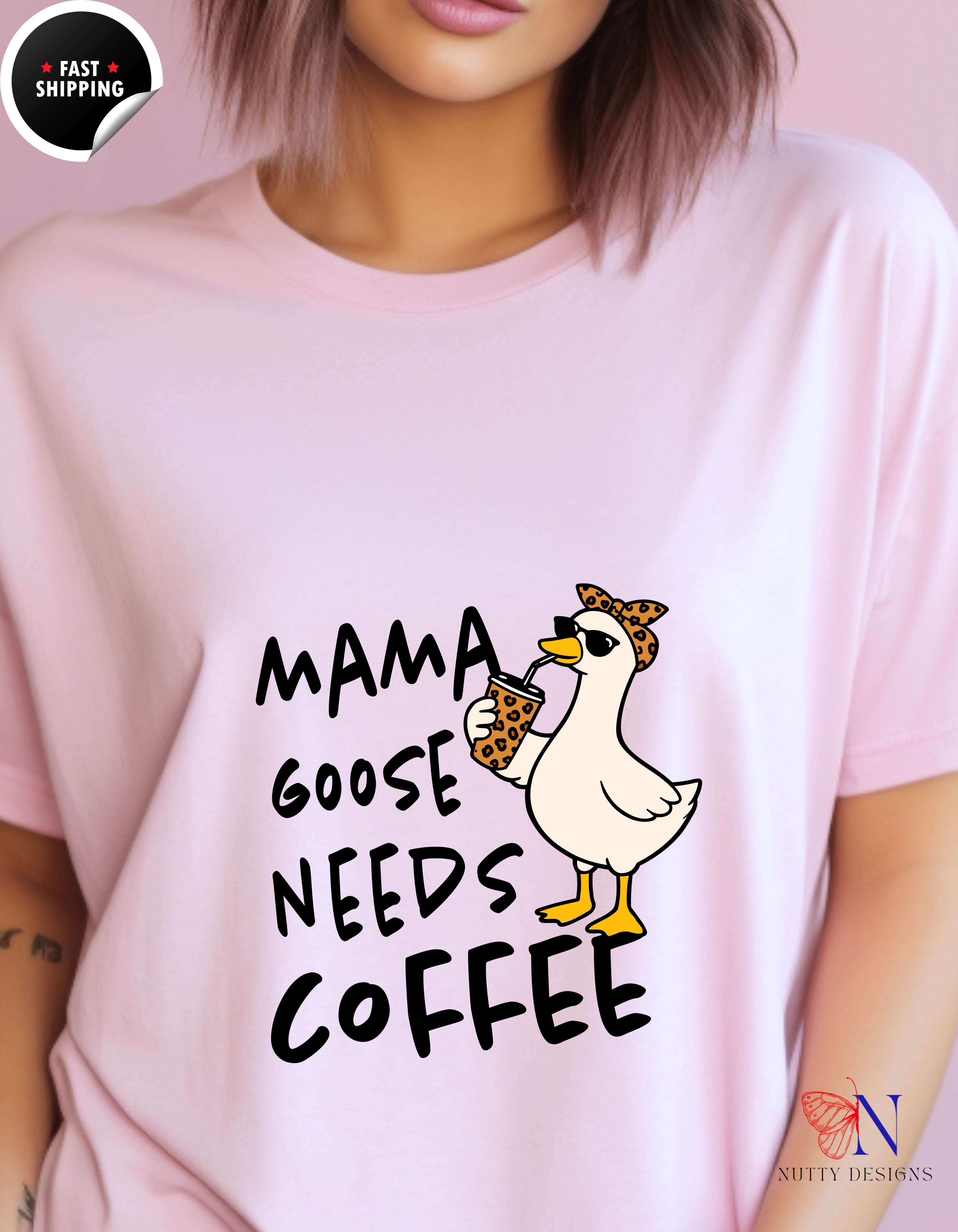 Mama Goose Needs Coffee t-shirt lifestyle mockup - Mother's Day gift