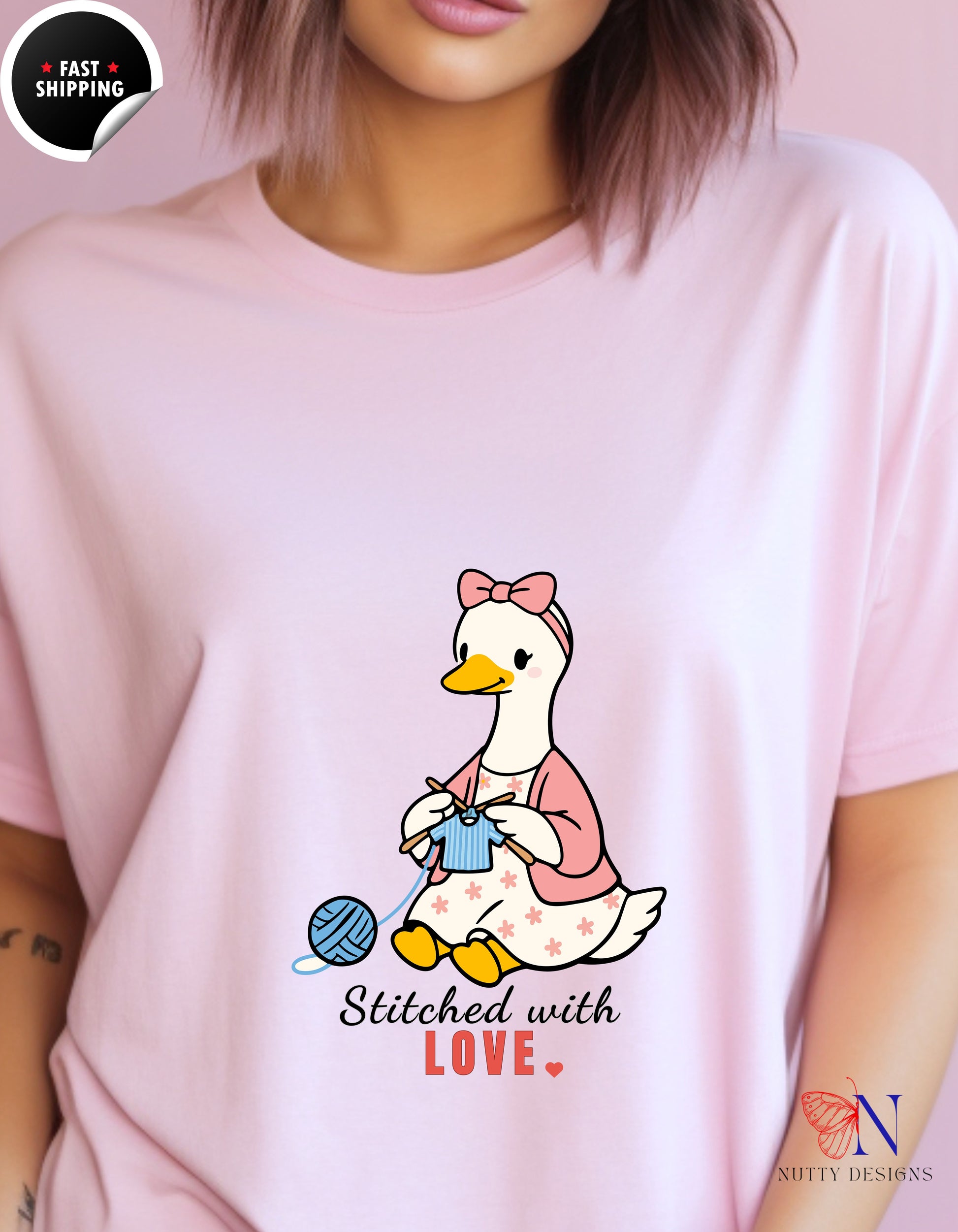 Stitched With Love Mama Goose Knitting t-shirt lifestyle mockup - Mother's Day gift