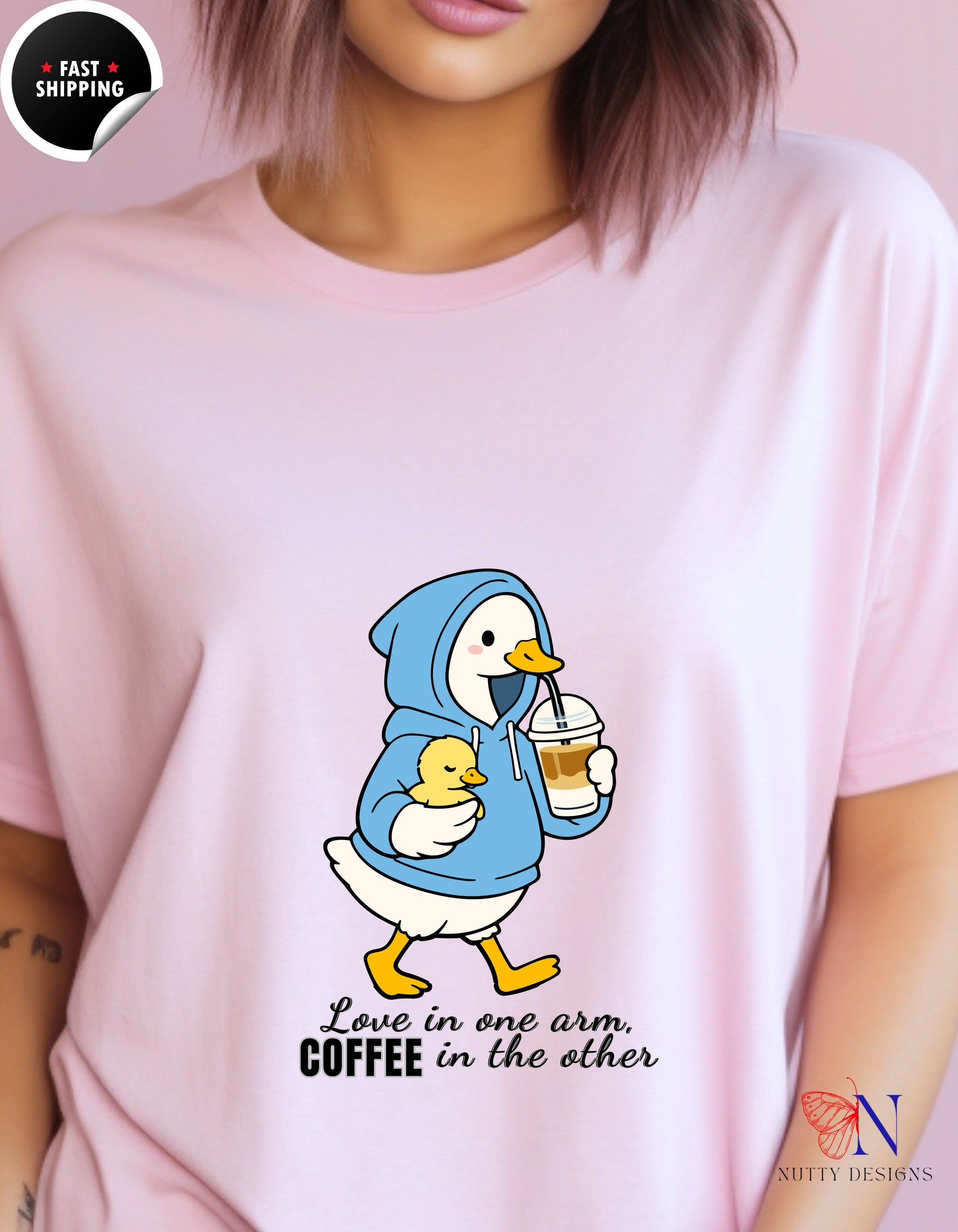 Love In One Arm Coffee In The Other Mama Duck t-shirt lifestyle mockup - Mother's Day gift