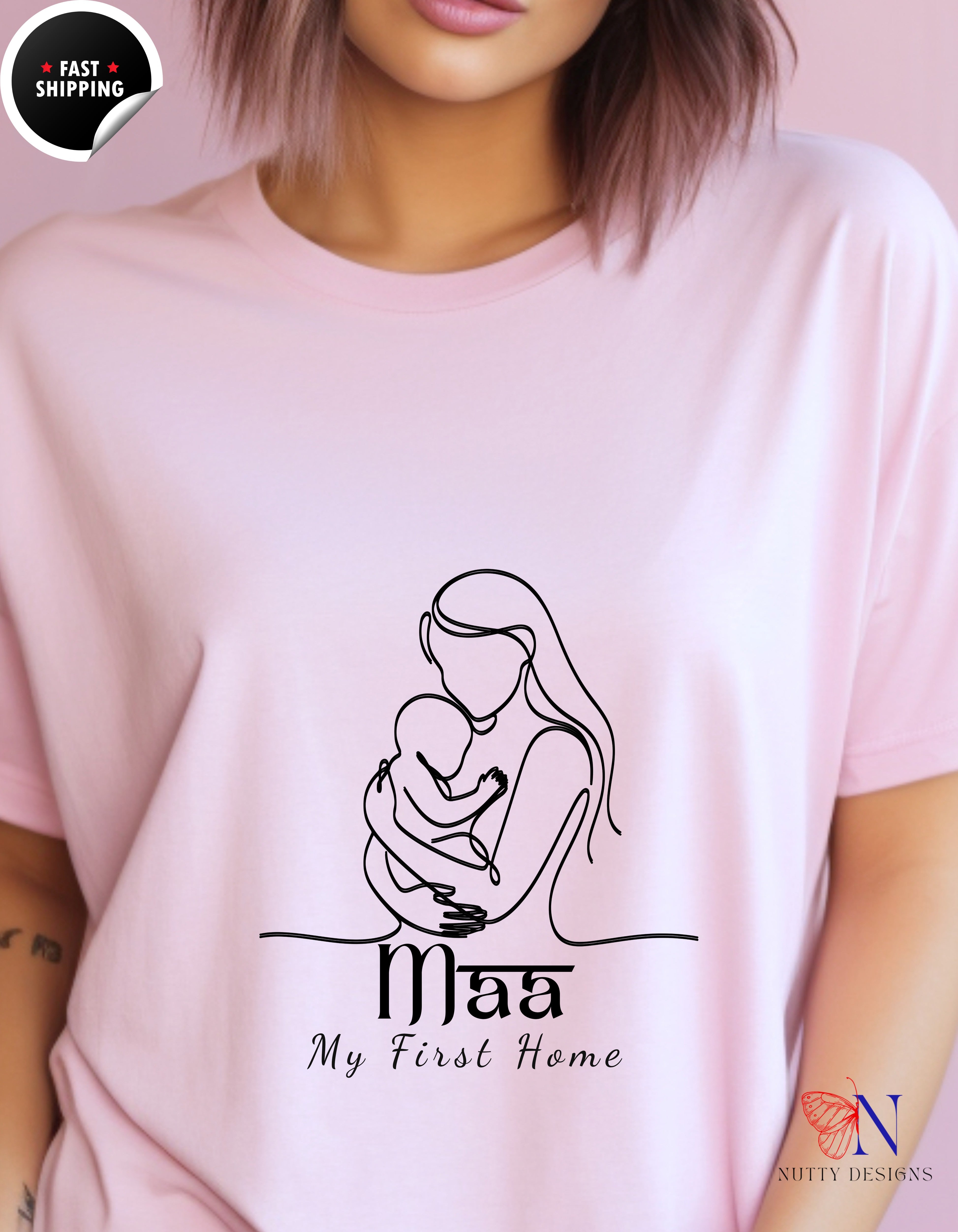 Maa My First Home Desi Mom Line Art t-shirt lifestyle mockup - Mother's Day gift