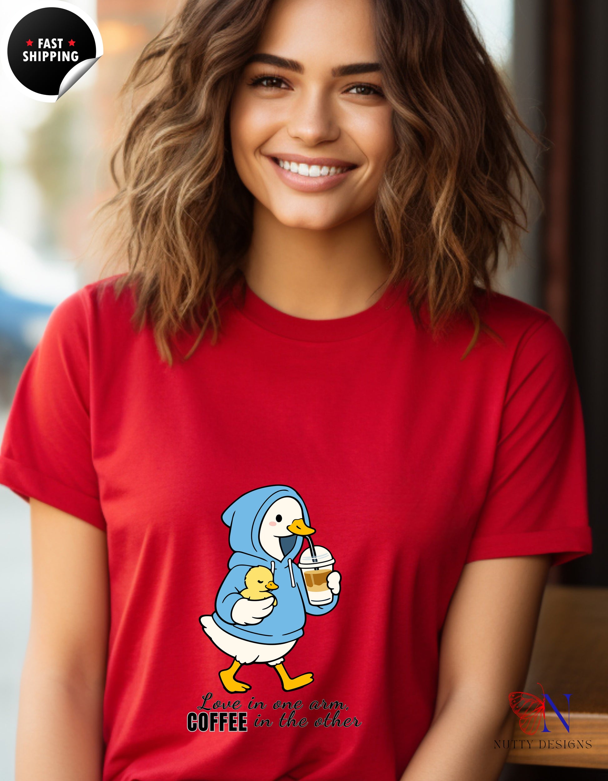 Love In One Arm Coffee In The Other Mama Duck t-shirt lifestyle mockup - Mother's Day gift