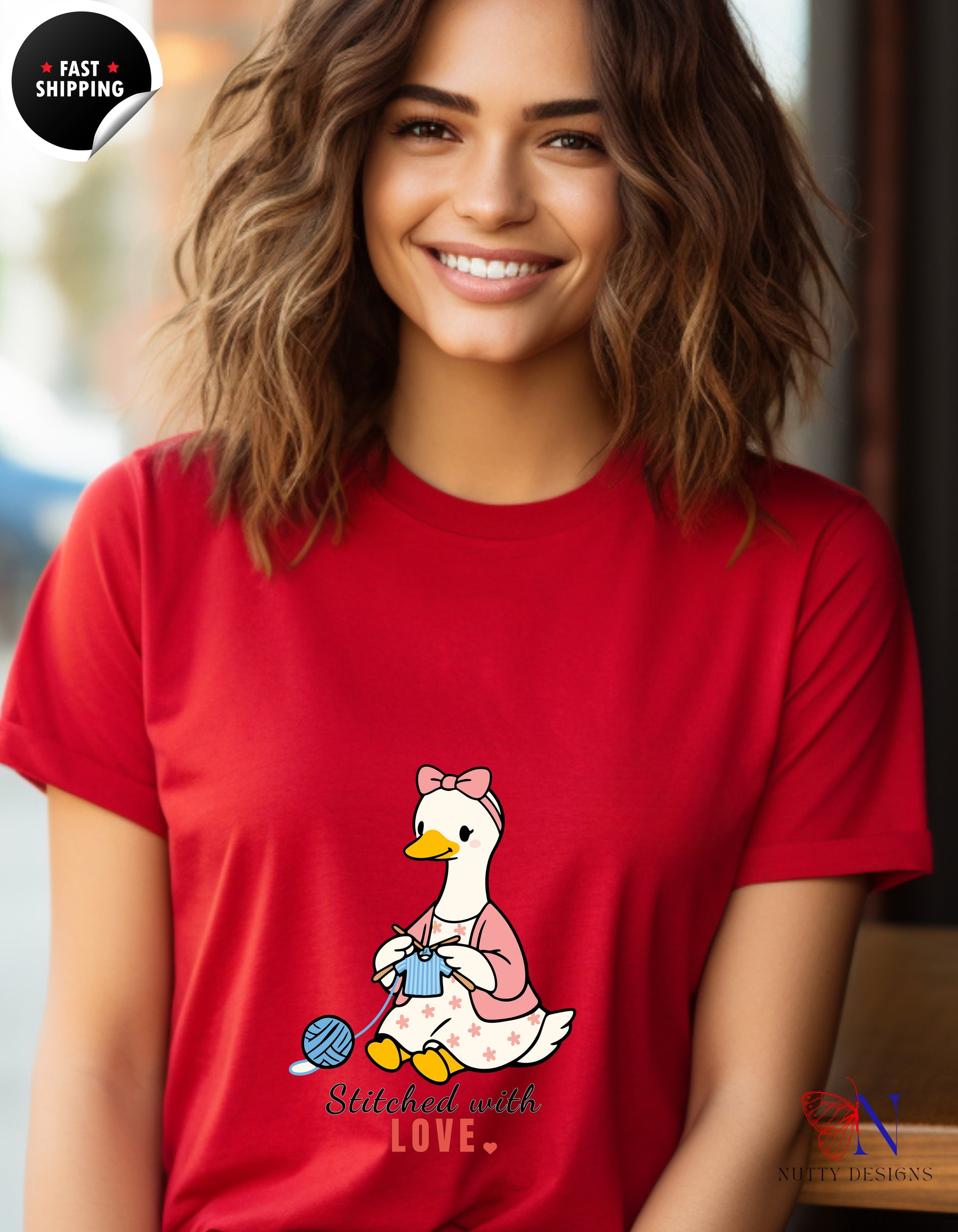 Stitched With Love Mama Goose Knitting t-shirt lifestyle mockup - Mother's Day gift