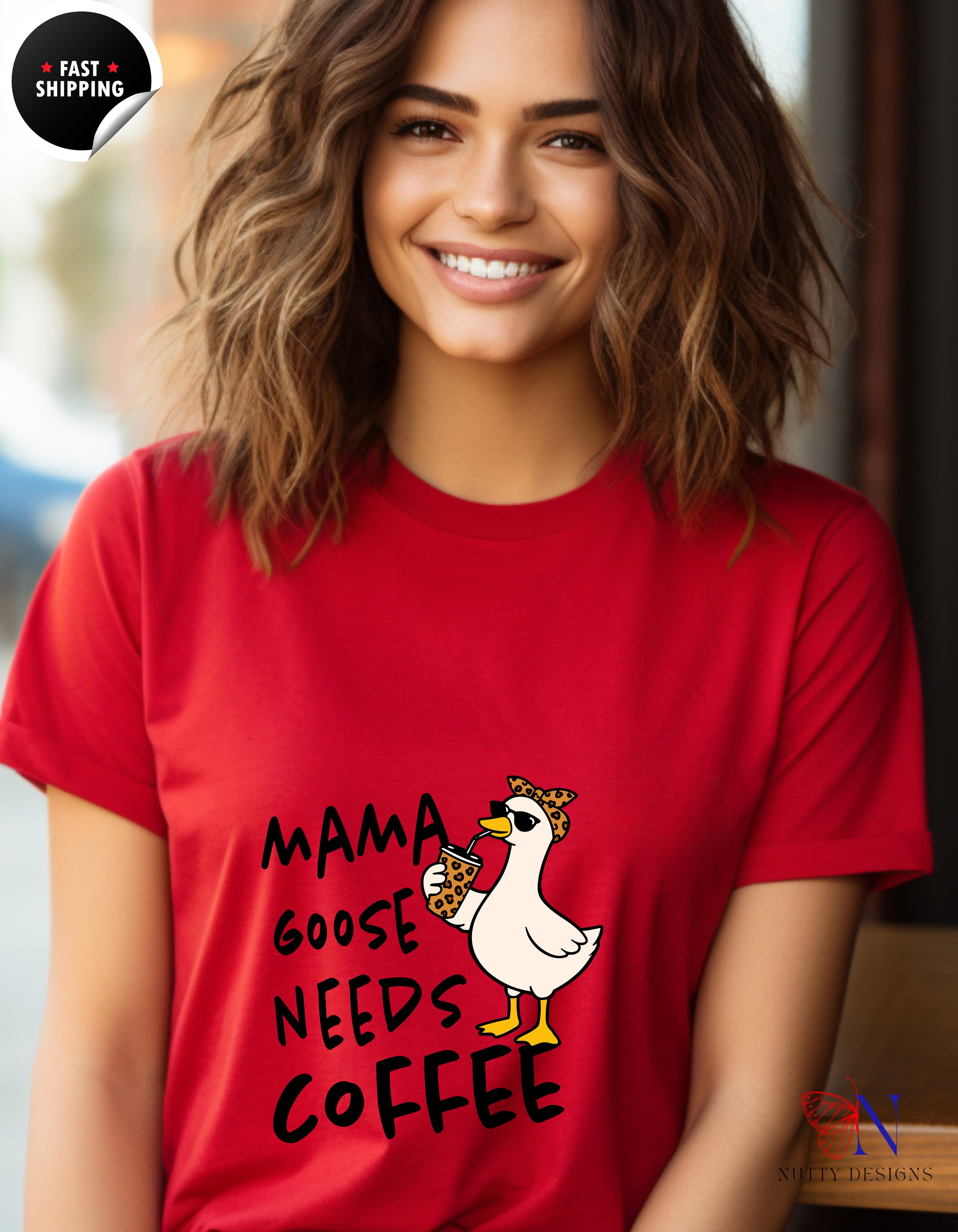 Mama Goose Needs Coffee t-shirt lifestyle mockup - Mother's Day gift