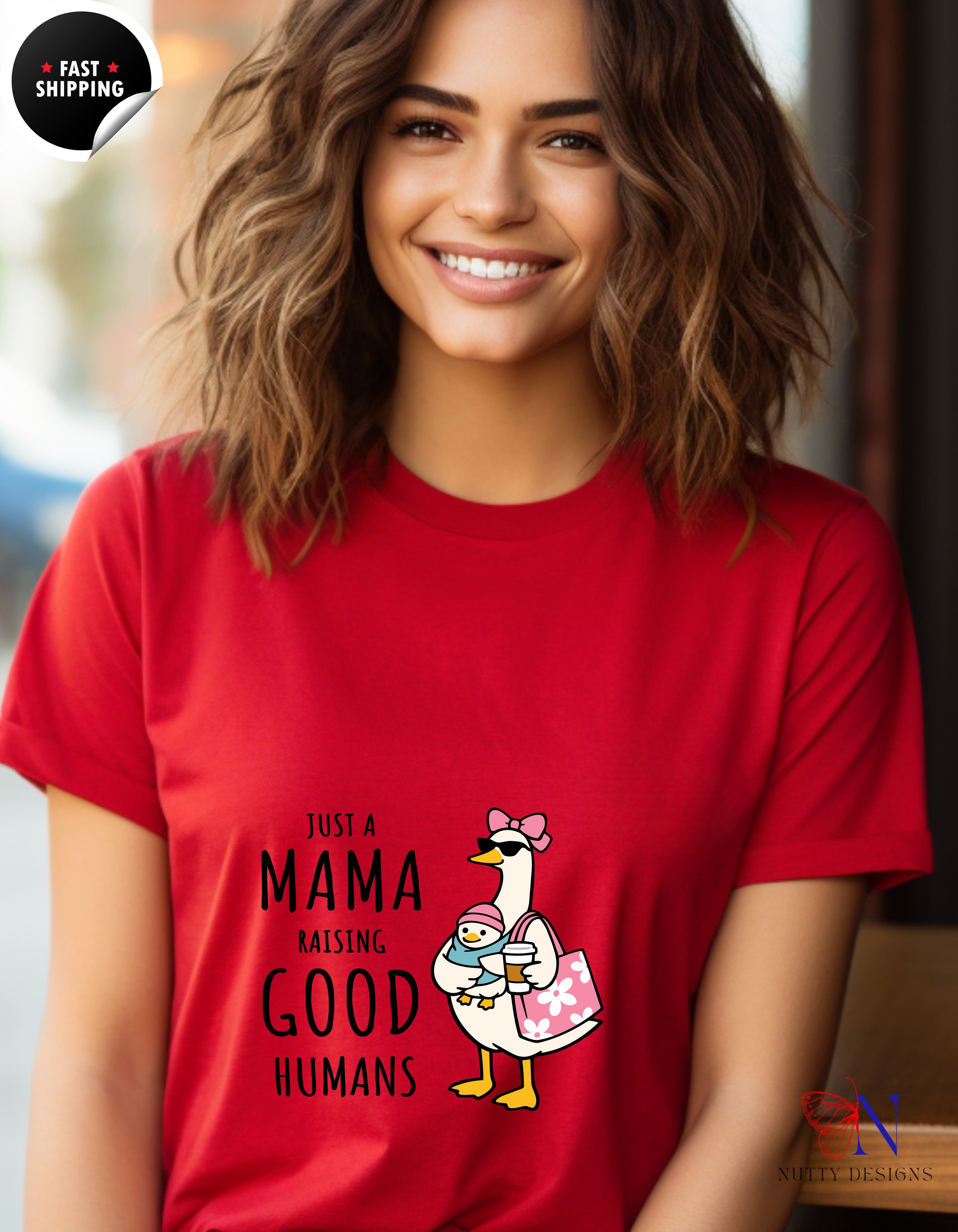 Just A Mama Raising Good Humans Mom Goose t-shirt lifestyle mockup - Mother's Day gift