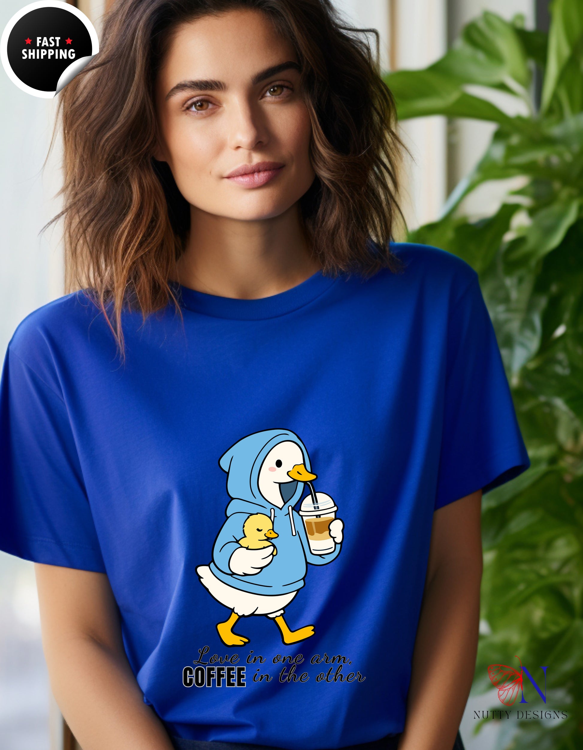 Love In One Arm Coffee In The Other Mama Duck t-shirt lifestyle mockup - Mother's Day gift