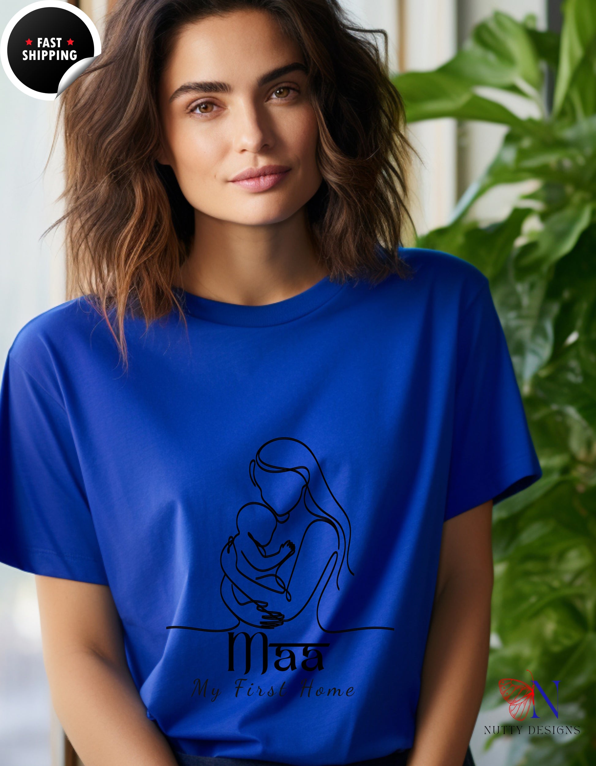 Maa My First Home Desi Mom Line Art t-shirt lifestyle mockup - Mother's Day gift
