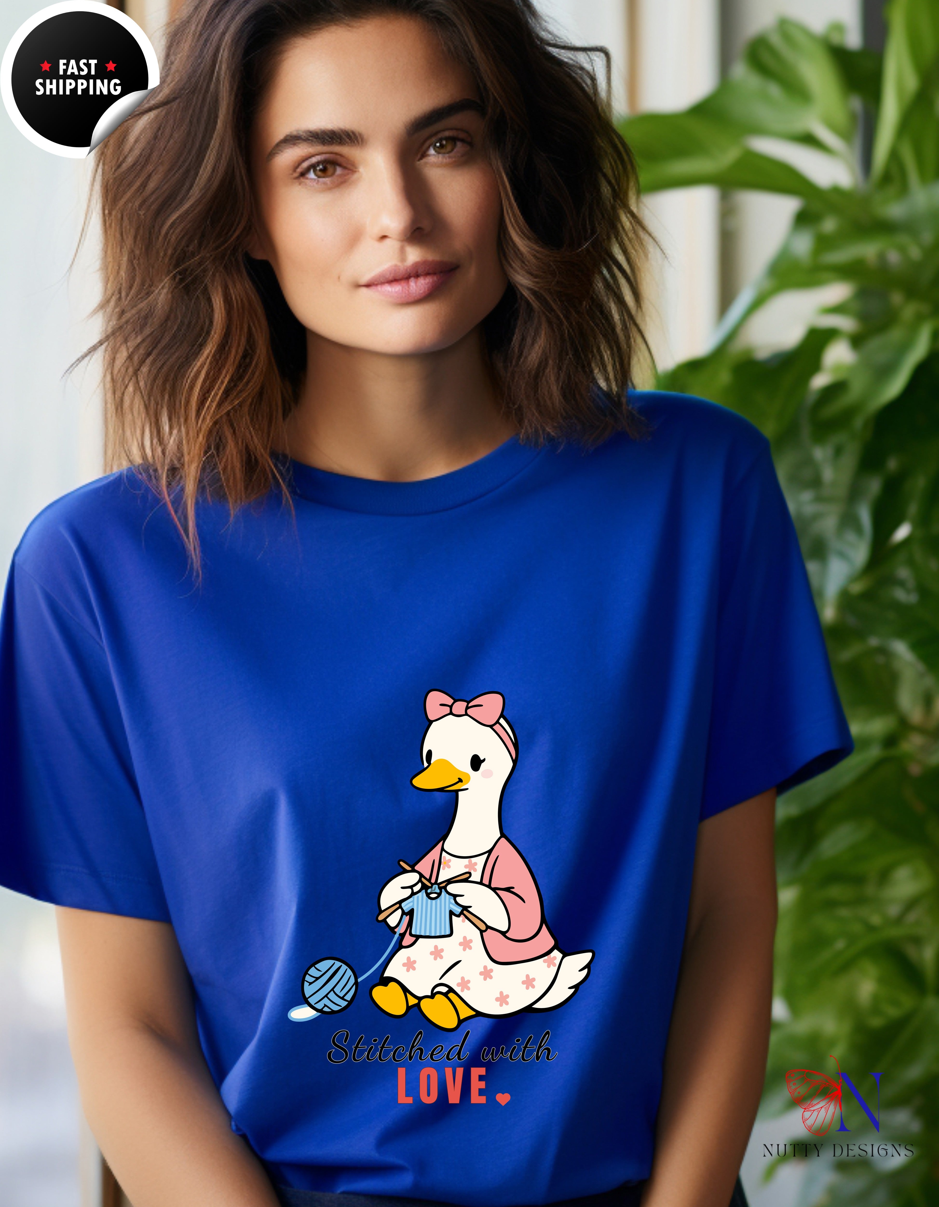 Stitched With Love Mama Goose Knitting t-shirt lifestyle mockup - Mother's Day gift