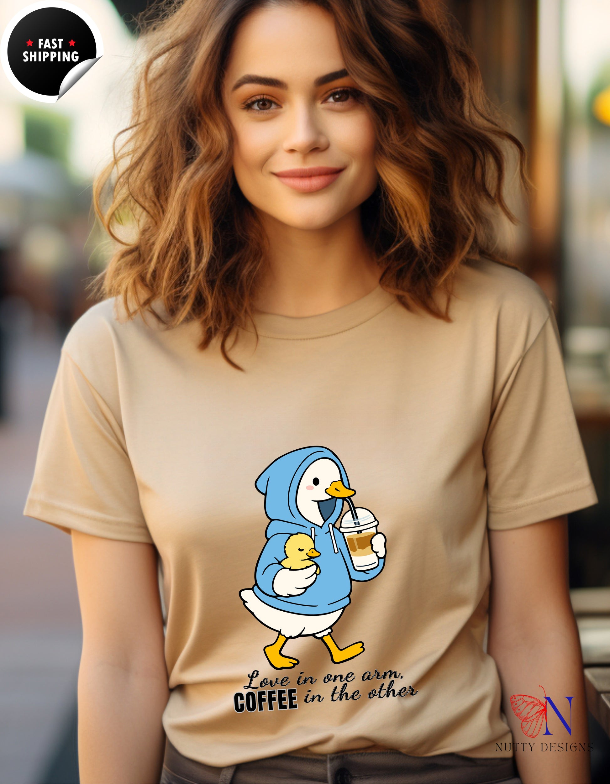 Love In One Arm Coffee In The Other Mama Duck t-shirt lifestyle mockup - Mother's Day gift