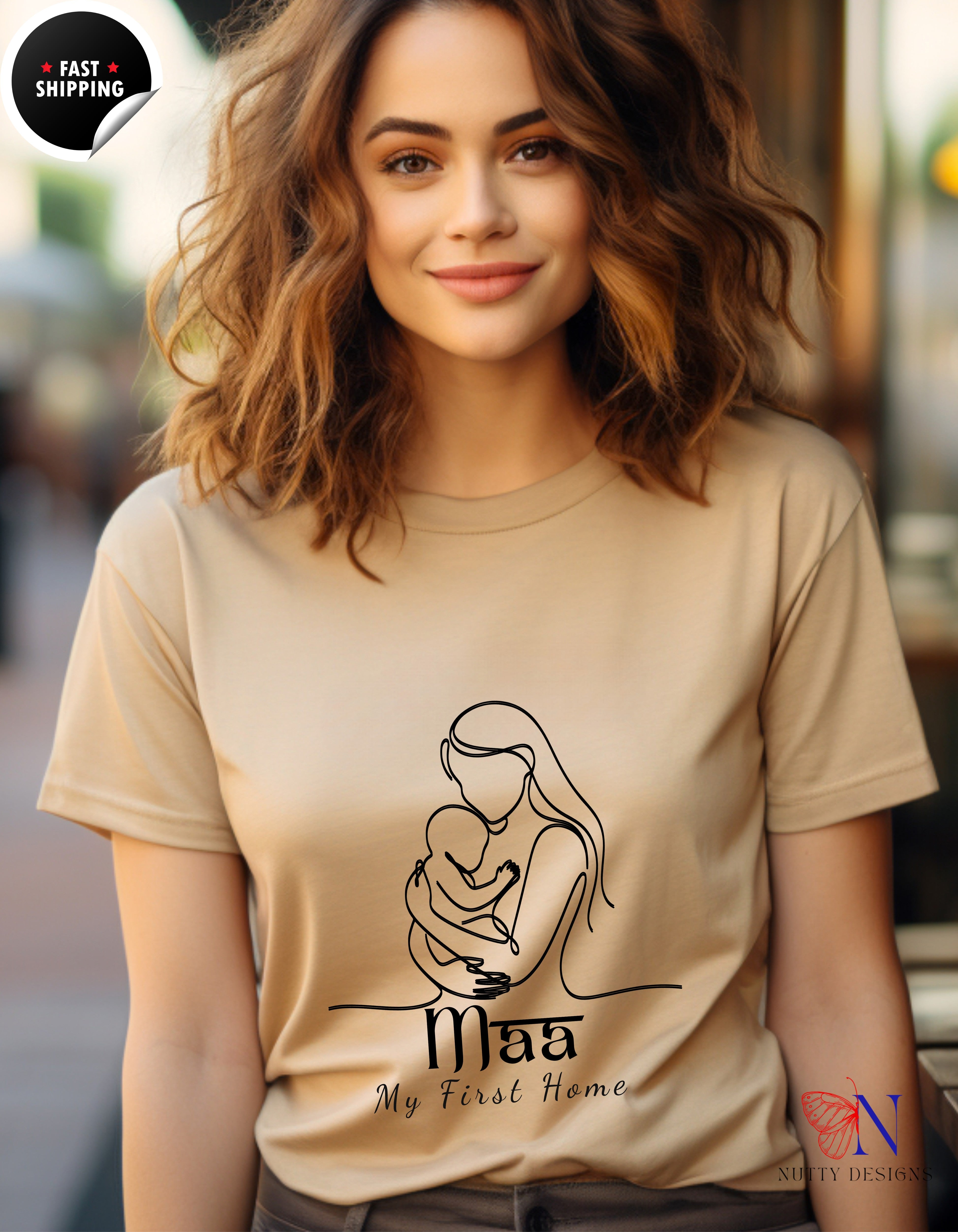 Maa My First Home Desi Mom Line Art t-shirt lifestyle mockup - Mother's Day gift