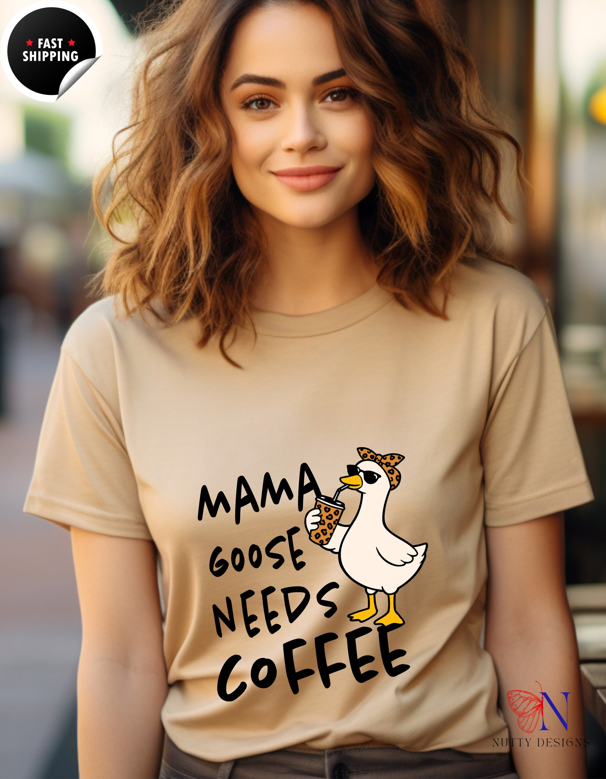 Mama Goose Needs Coffee t-shirt lifestyle mockup - Mother's Day gift